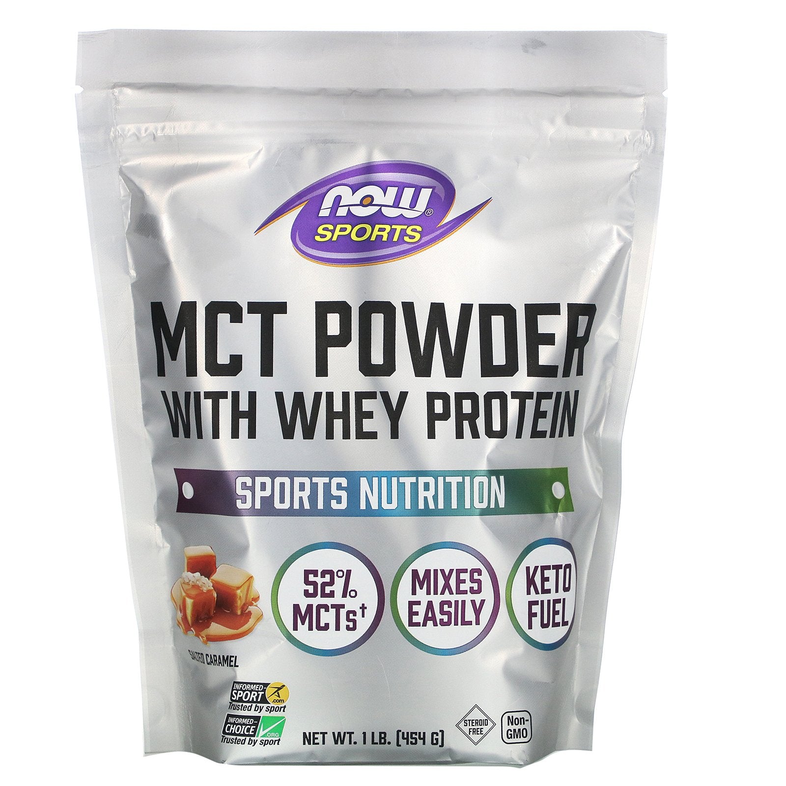 Now Foods, MCT POWDER W/ WHEY PROTEIN SALTED CARAMEL, 1 LB UPC 733739017383 | HiLife Vitamins