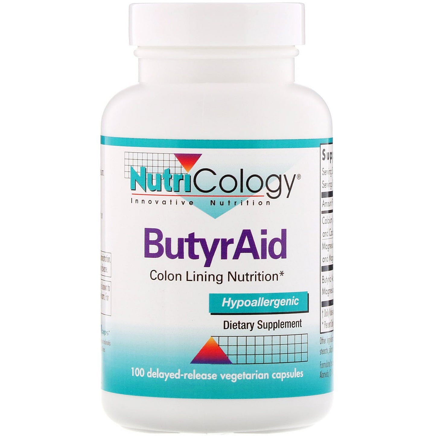 Nutricology, ButyrAid, 100 Delayed-Release Vegetarian Capsules UPC 713947502208 | HiLife Vitamins