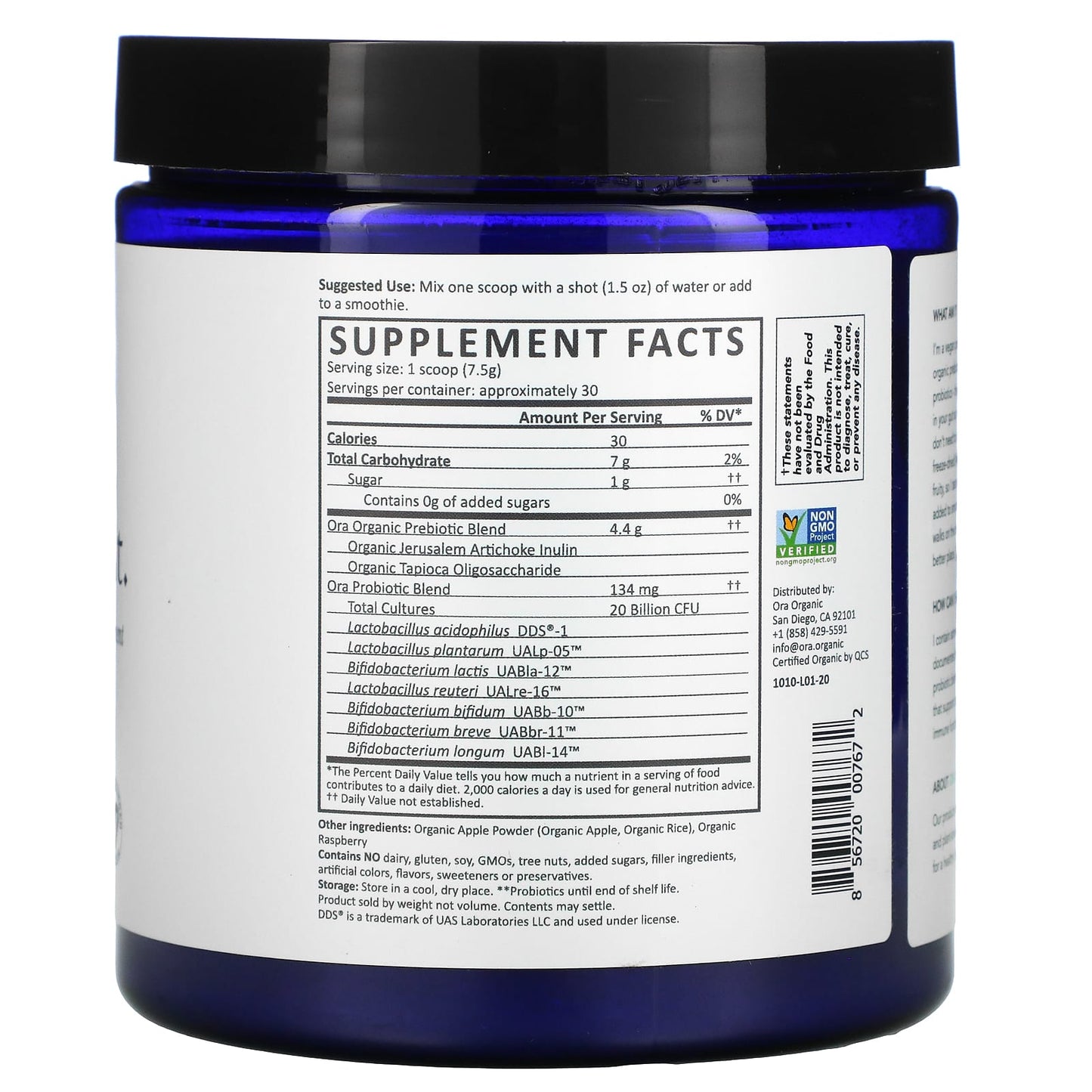 Ora Organic, Trust Your Gut, Vegan Prebiotic & Probiotic Powder 20 Billion CFUs, Apple & Raspberry, 7.9 oz UPC 856720007672 | HiLife Vitamins