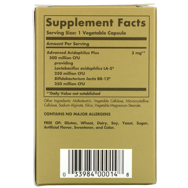 Solgar, Advanced Acidophilus Plus, 60 Vegetable Capsules UPC 033984000148 | HiLife Vitamins