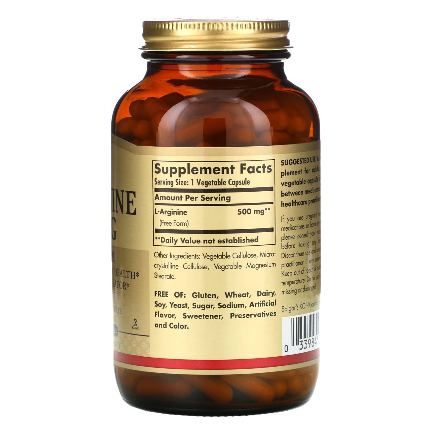 Solgar, L-ARGININE 500 mg, 250 Vegetable Capsules UPC 033984001428 | HiLife Vitamins