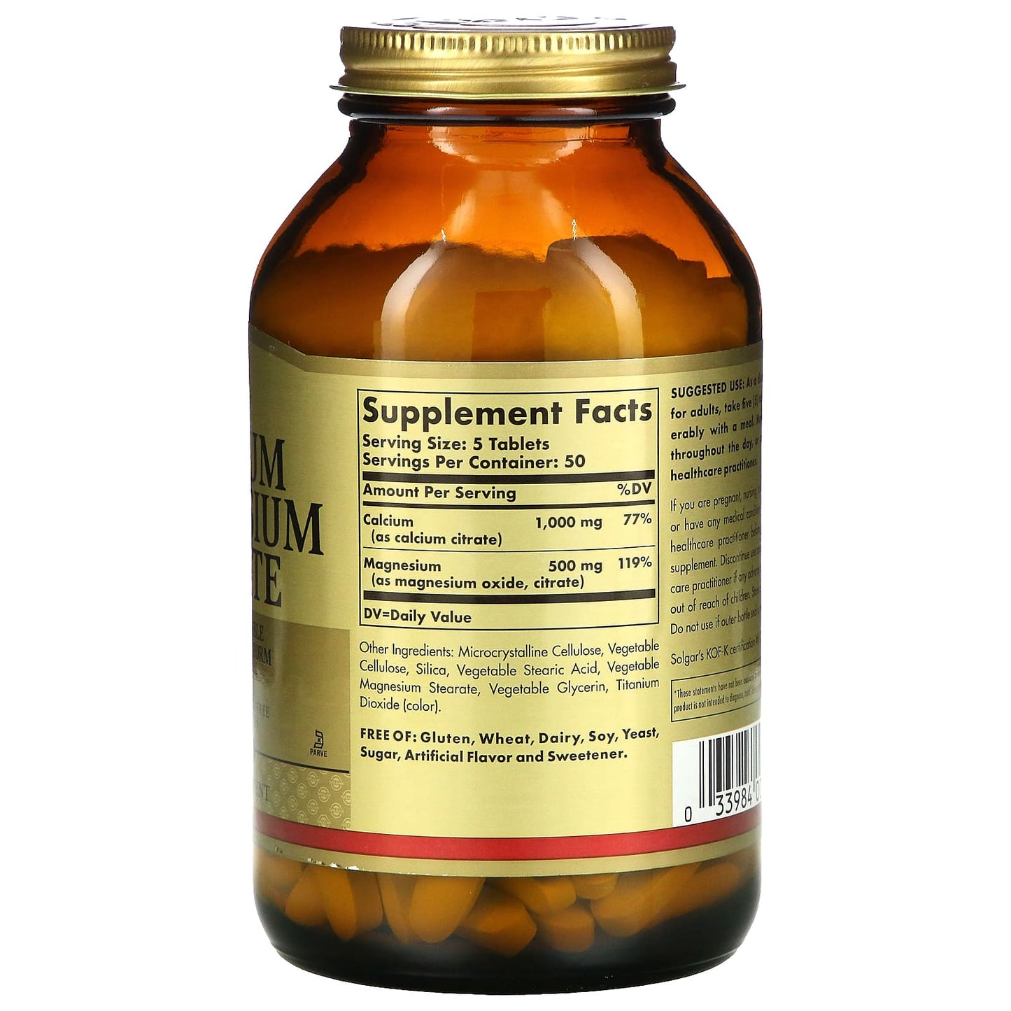 Solgar, Calcium/Magnesium Citrate, 250 Tablets UPC 033984005105 | HiLife Vitamins