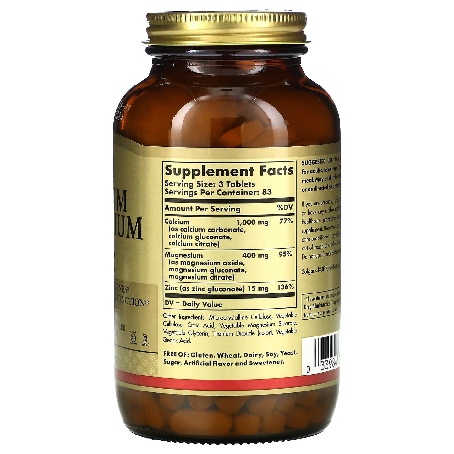 Solgar, Calcium/Magnesium/Zinc, 250 Tablets UPC 033984005211 | HiLife Vitamins
