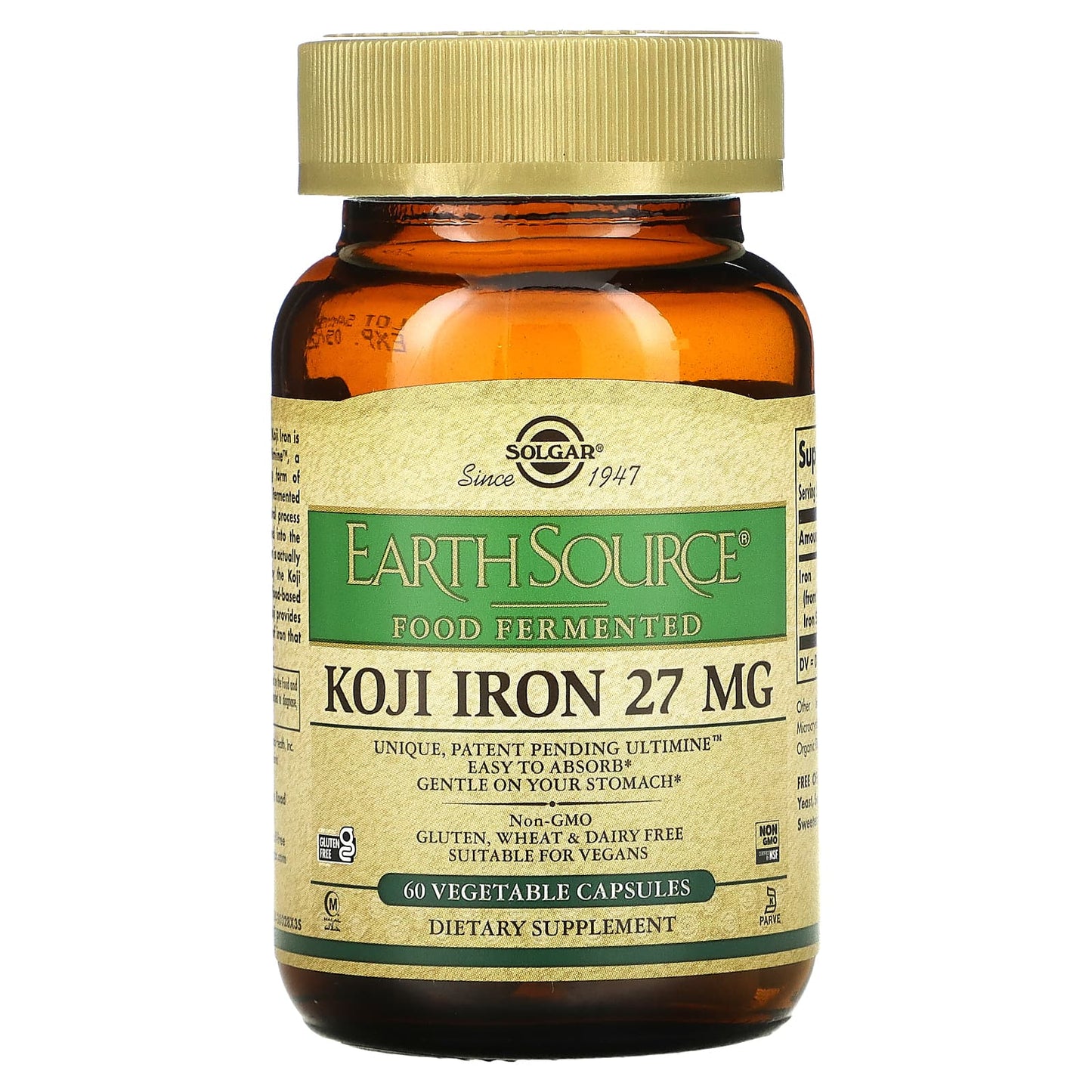 Solgar, Koji Iron 27mg, 60 Vegetable Capsules UPC 033984005358 | HiLife Vitamins