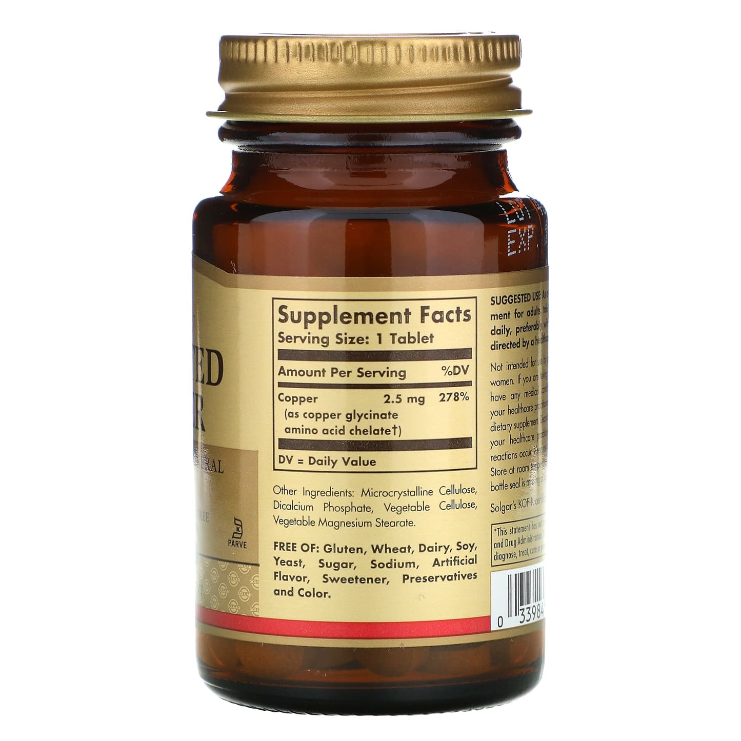 Solgar, Chelated Copper, 100 Tablets UPC 033984006409 | HiLife Vitamins