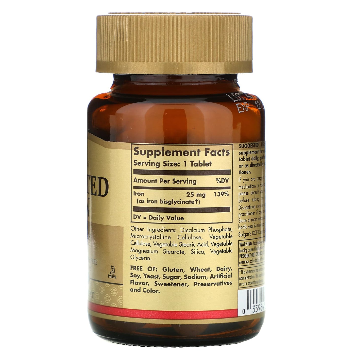 Solgar, Chelated Iron, 100 Tablets UPC 033984006805 | HiLife Vitamins