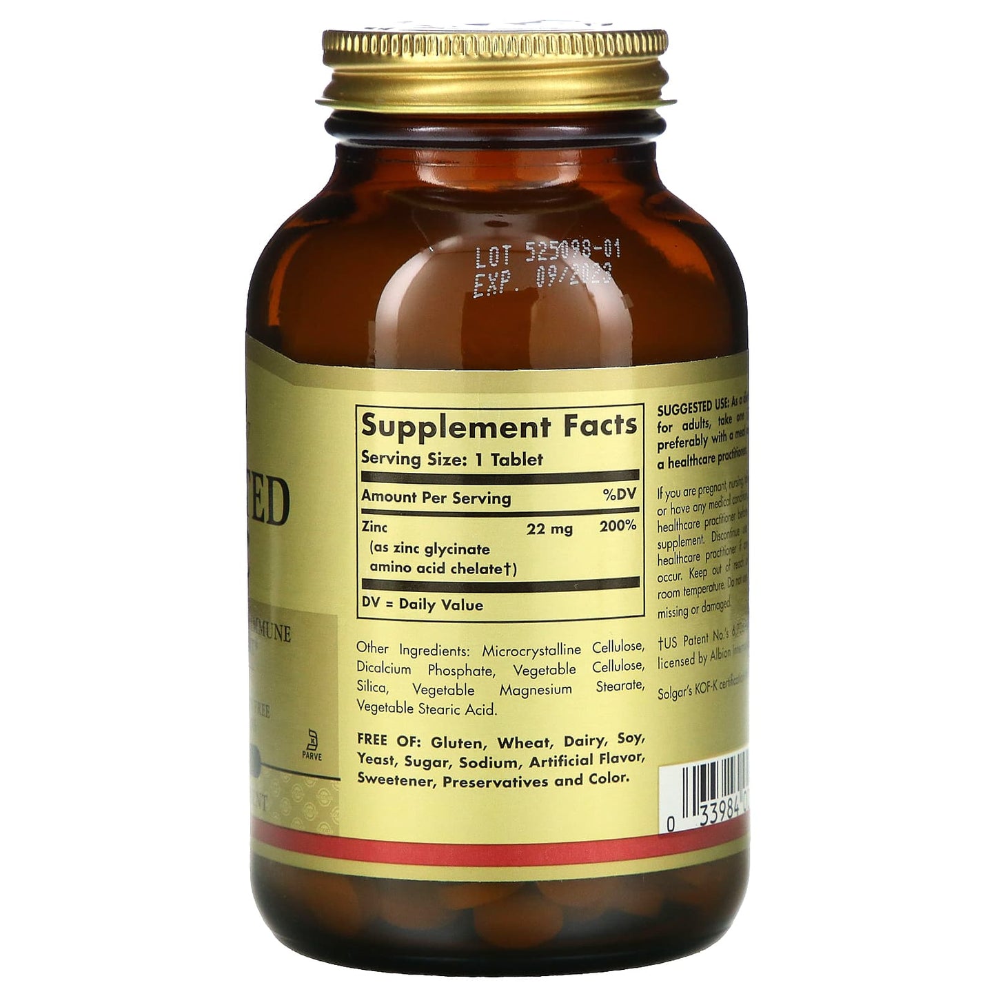 Solgar, Chelated Zinc, 250 Tablets UPC 033984008014 | HiLife Vitamins