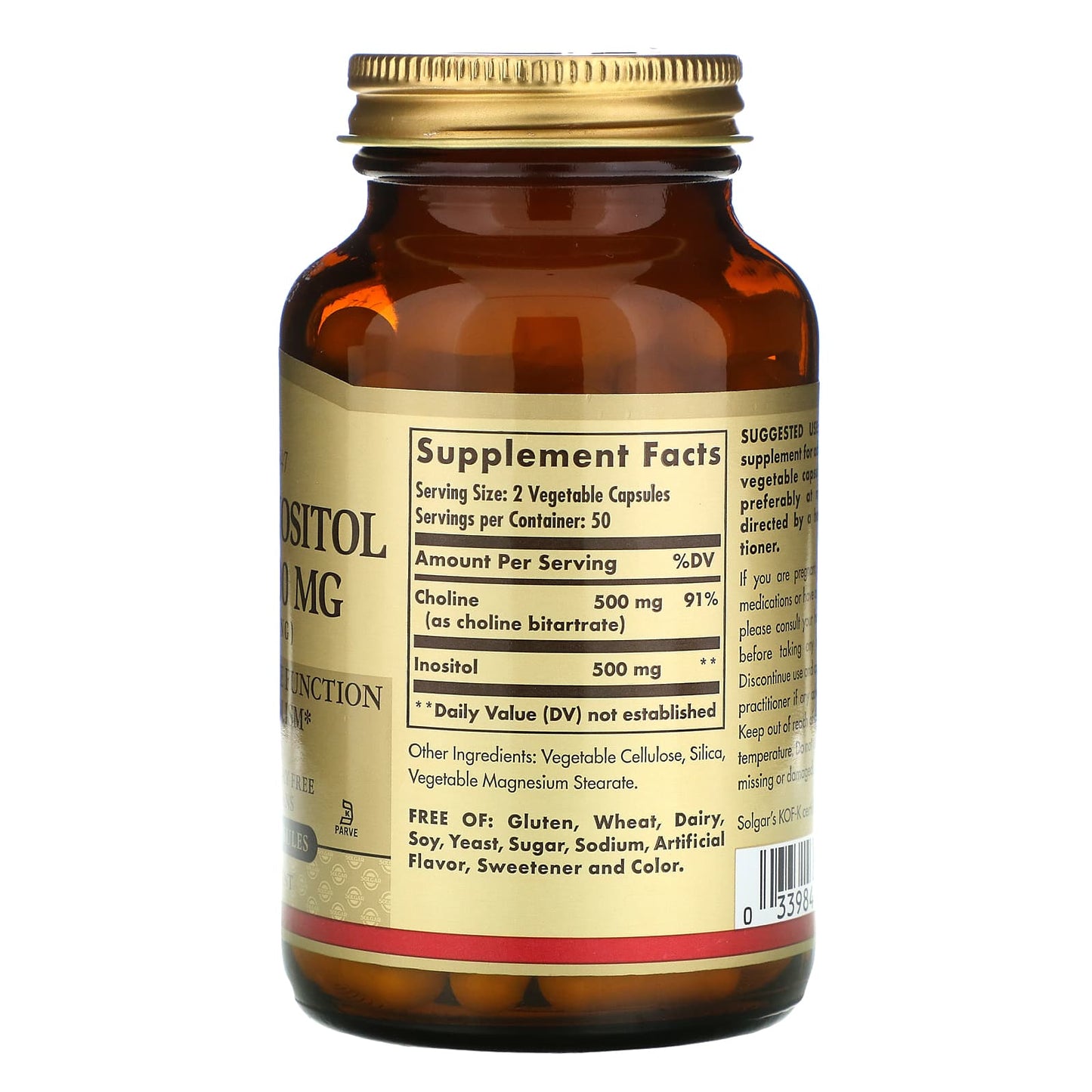 Solgar, Choline/Inositol, 100 Vegetable Capsules UPC 033984008502 | HiLife Vitamins