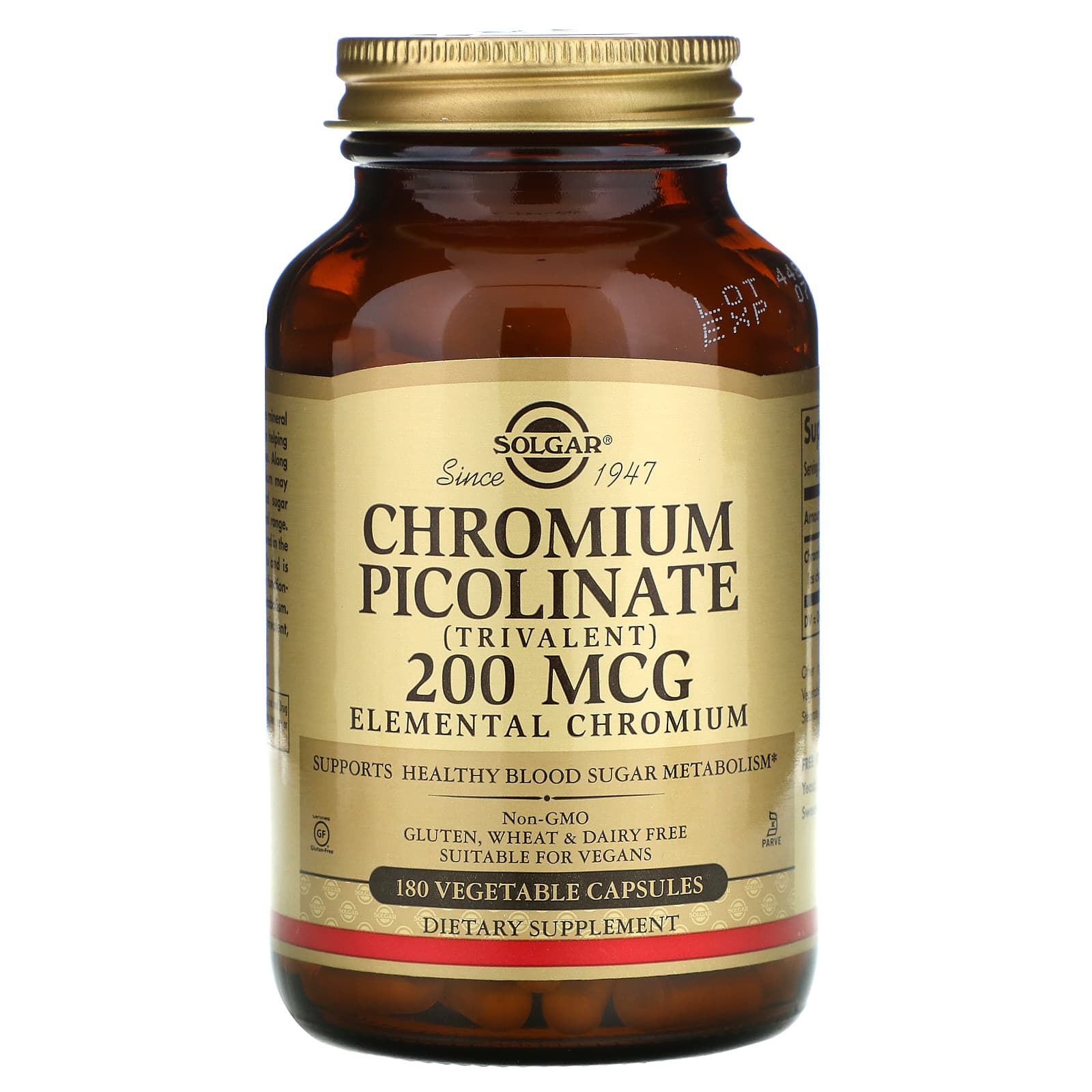 Solgar, Chromium Picolinate 200 Mcg, 180 Vegetable Capsules UPC 033984008670 | HiLife Vitamins