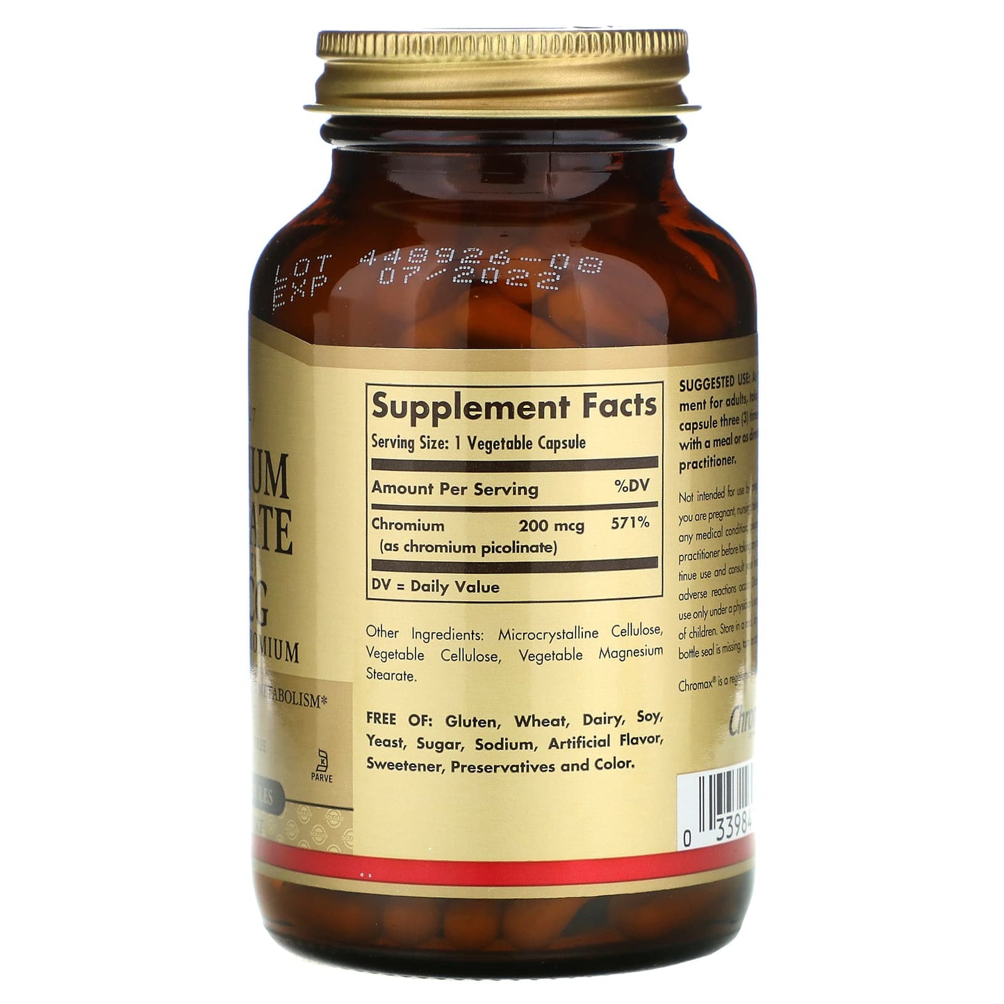 Solgar, Chromium Picolinate 200 Mcg, 180 Vegetable Capsules UPC 033984008670 | HiLife Vitamins