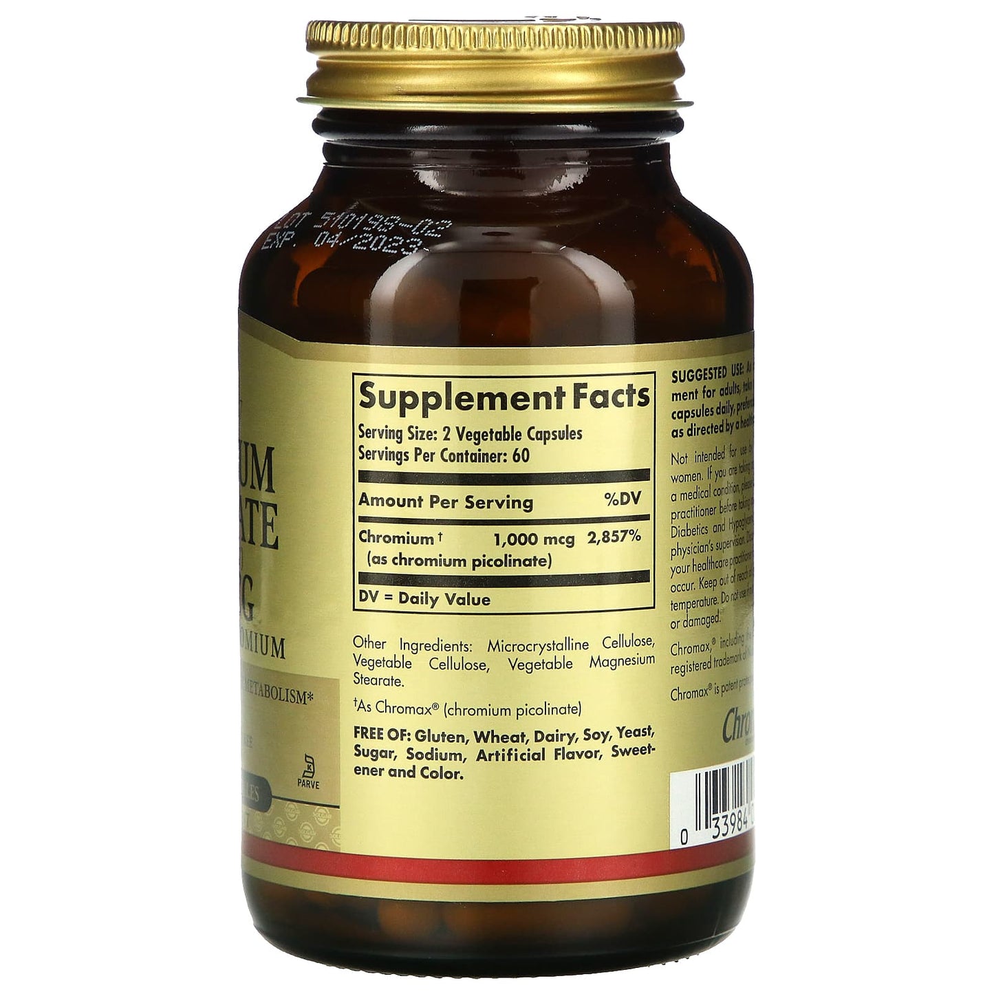 Solgar, Chromium Picolinate 500 Mcg, 120 Vegetable Capsules UPC 033984008724 | HiLife Vitamins