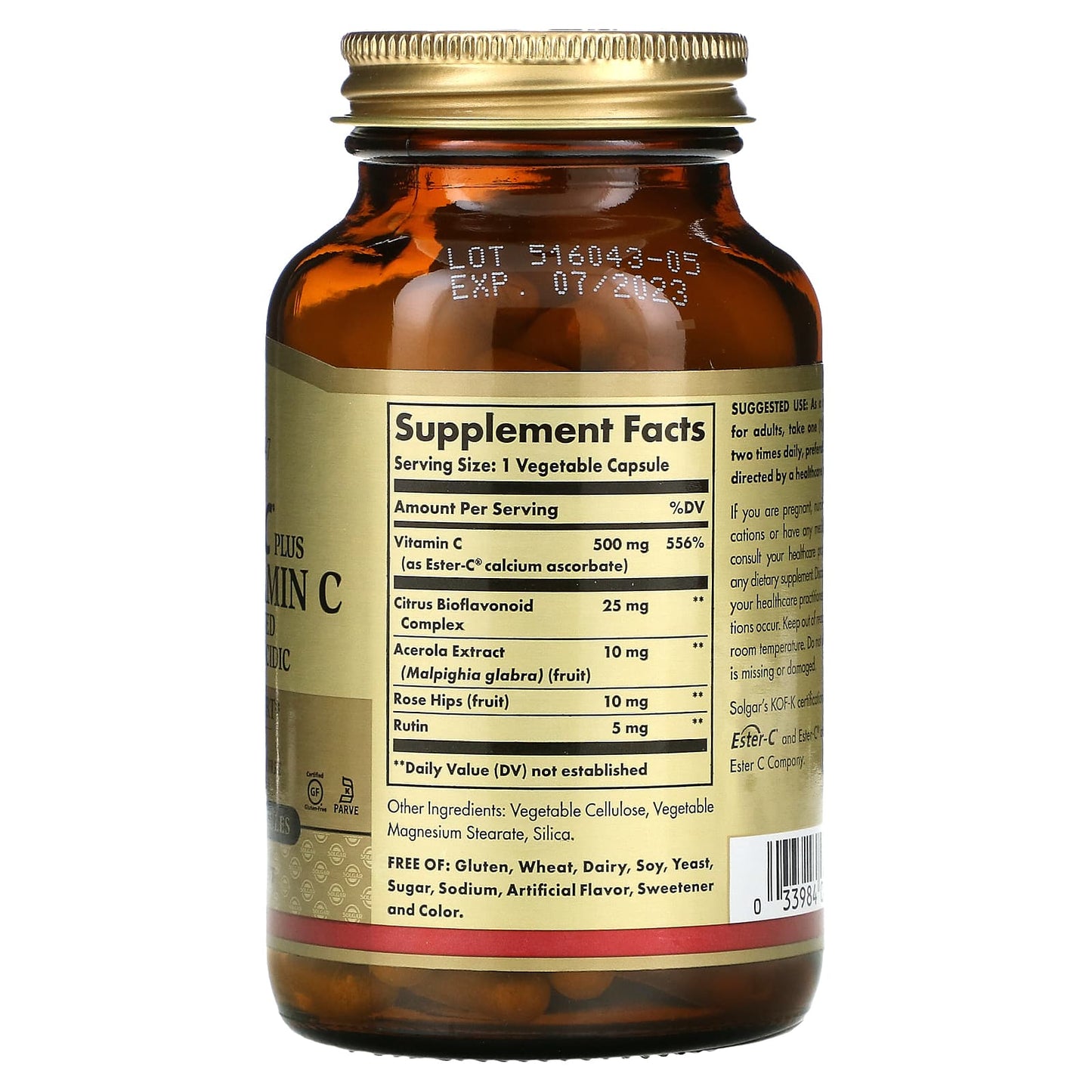 Solgar, Ester-C Plus 500 mg, 100 Vegetable Capsules UPC 033984010390 | HiLife Vitamins