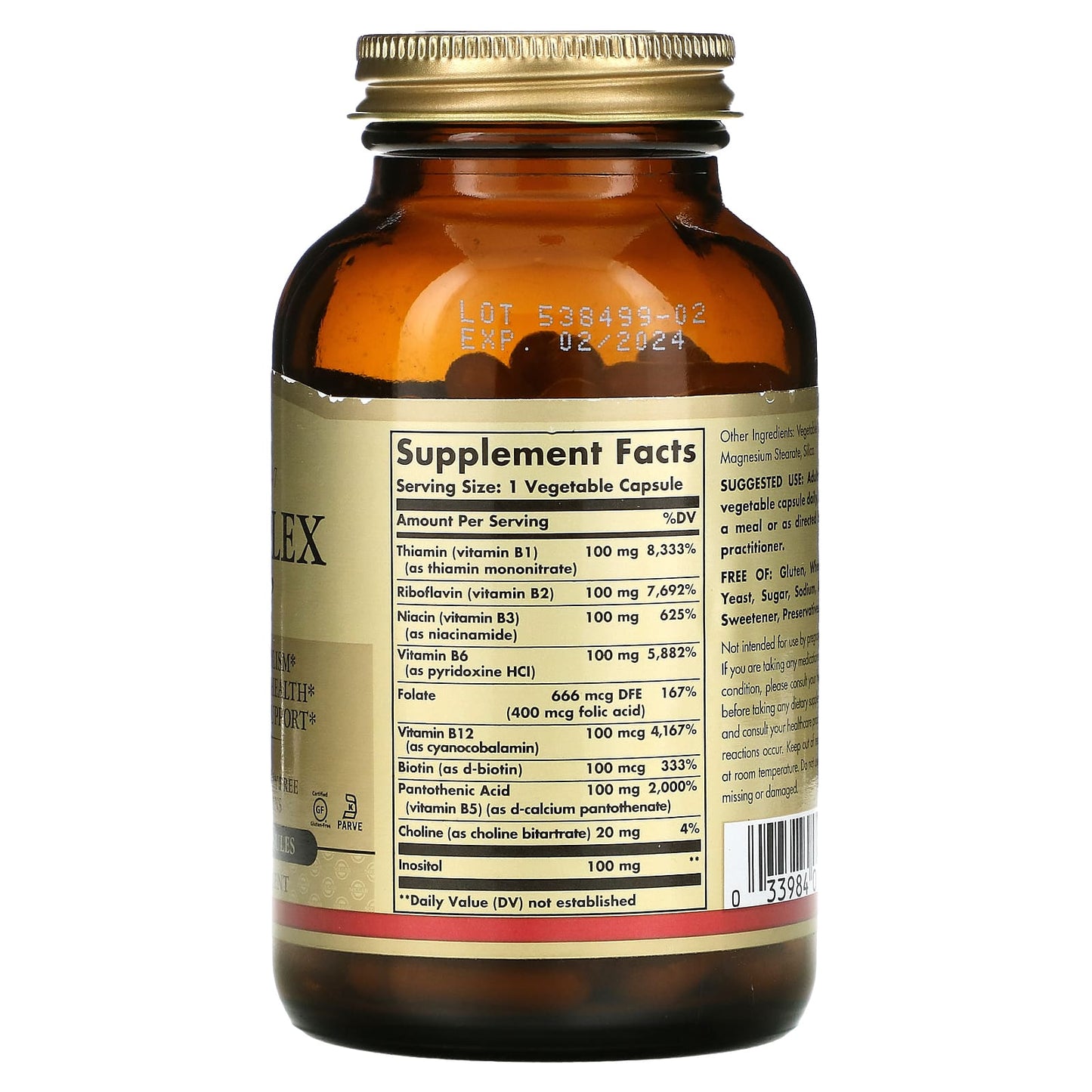 Solgar, B-100, 100 Vegetable Capsules UPC 033984011502 | HiLife Vitamins