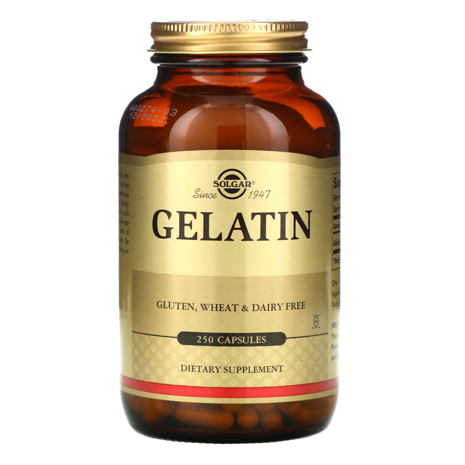 Solgar, Gelatin, 250 Vegetable Capsules UPC 033984012417 | HiLife Vitamins
