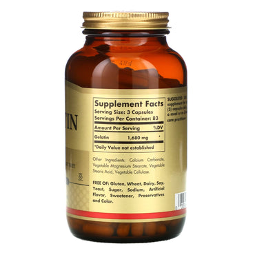 Solgar, Gelatin, 250 Vegetable Capsules UPC 033984012417 | HiLife Vitamins