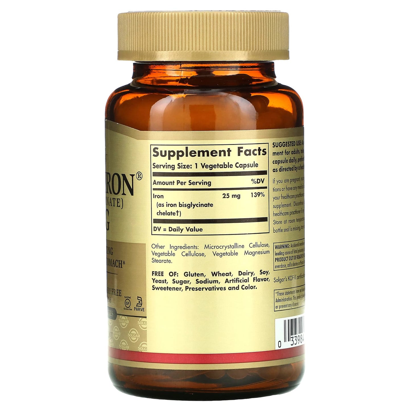 Solgar, Gentle Iron, Iron Bisglycinate, 25 mg, 180 Vegetable Capsules UPC 033984012509 | HiLife Vitamins