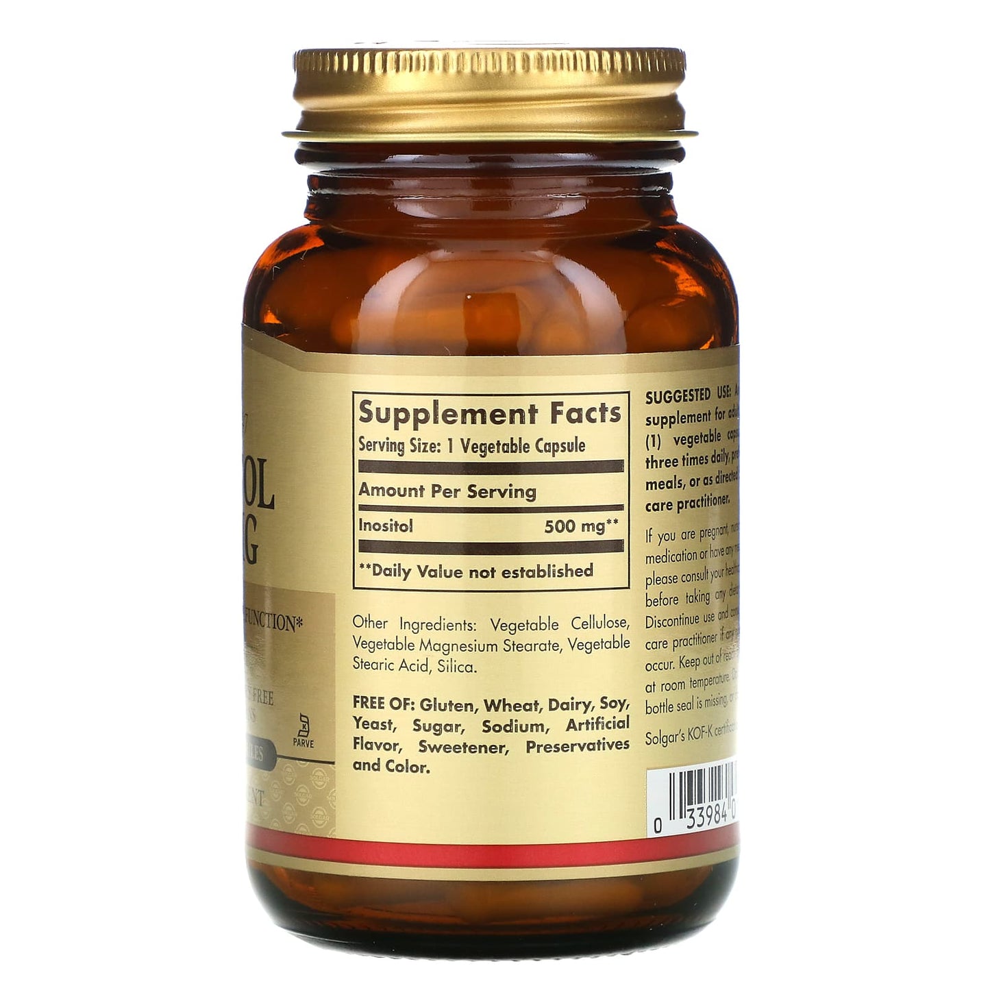 Solgar, Inositol 500 mg, 100 Vegetable Capsules UPC 033984014503 | HiLife Vitamins