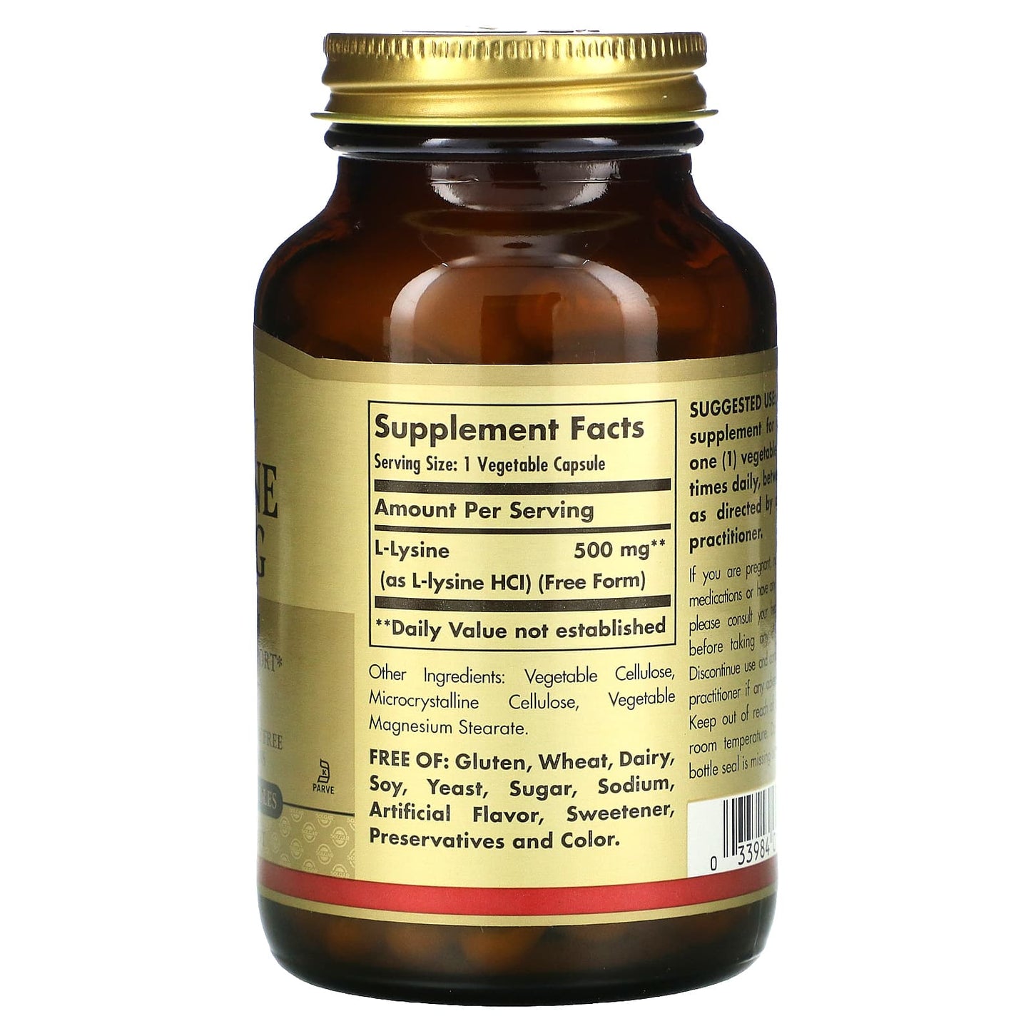 Solgar, L-Lysine 500 mg, 100 Vegetable Capsules UPC 033984016811 | HiLife Vitamins