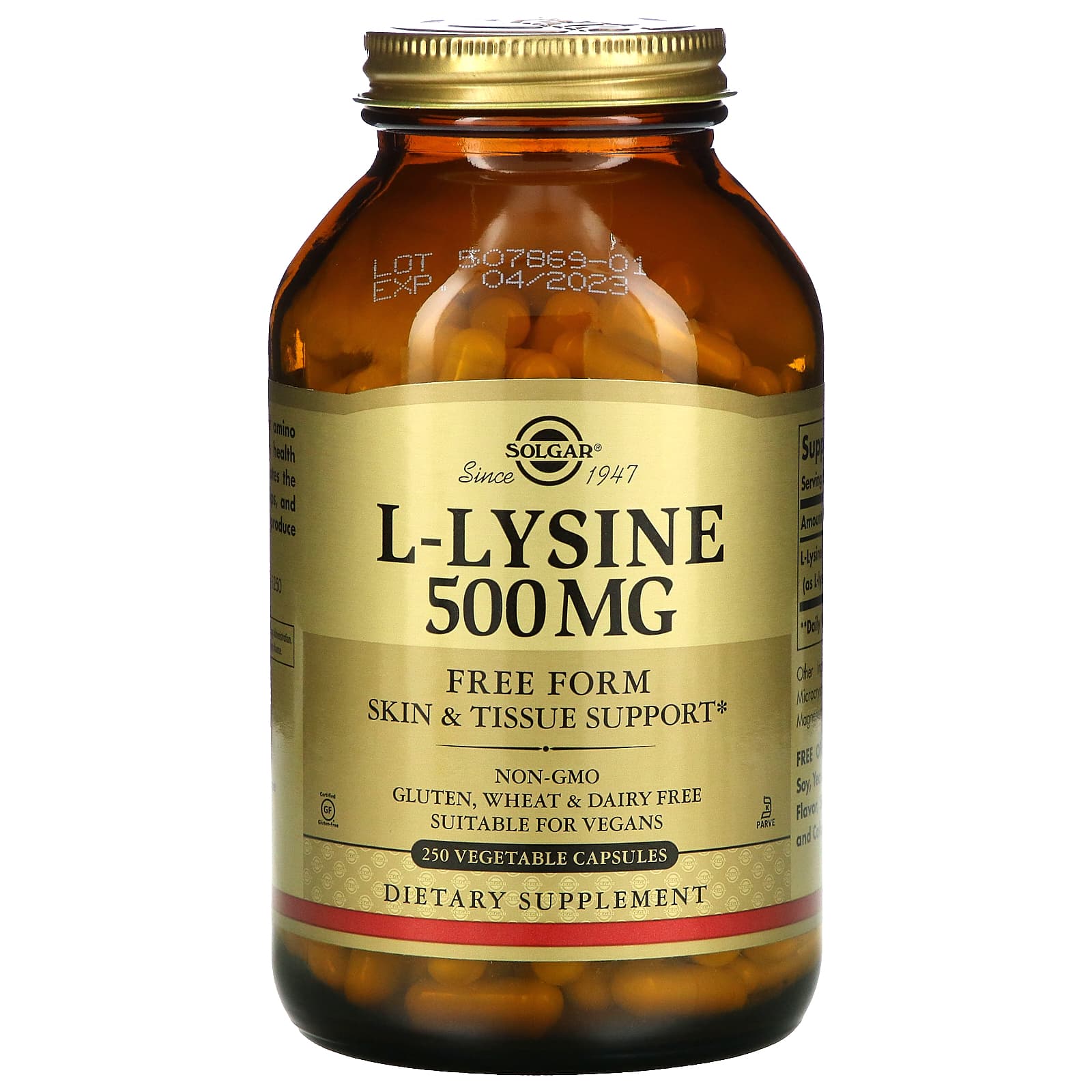 Solgar, L-Lysine 500 mg, 250 Vegetable Capsules UPC 033984016828 | HiLife Vitamins