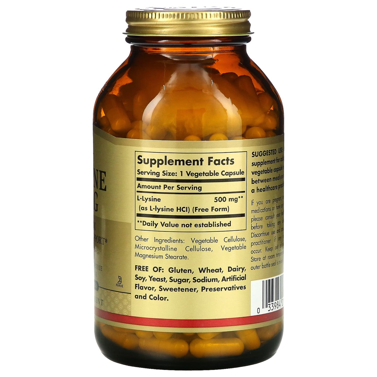 Solgar, L-Lysine 500 mg, 250 Vegetable Capsules UPC 033984016828 | HiLife Vitamins