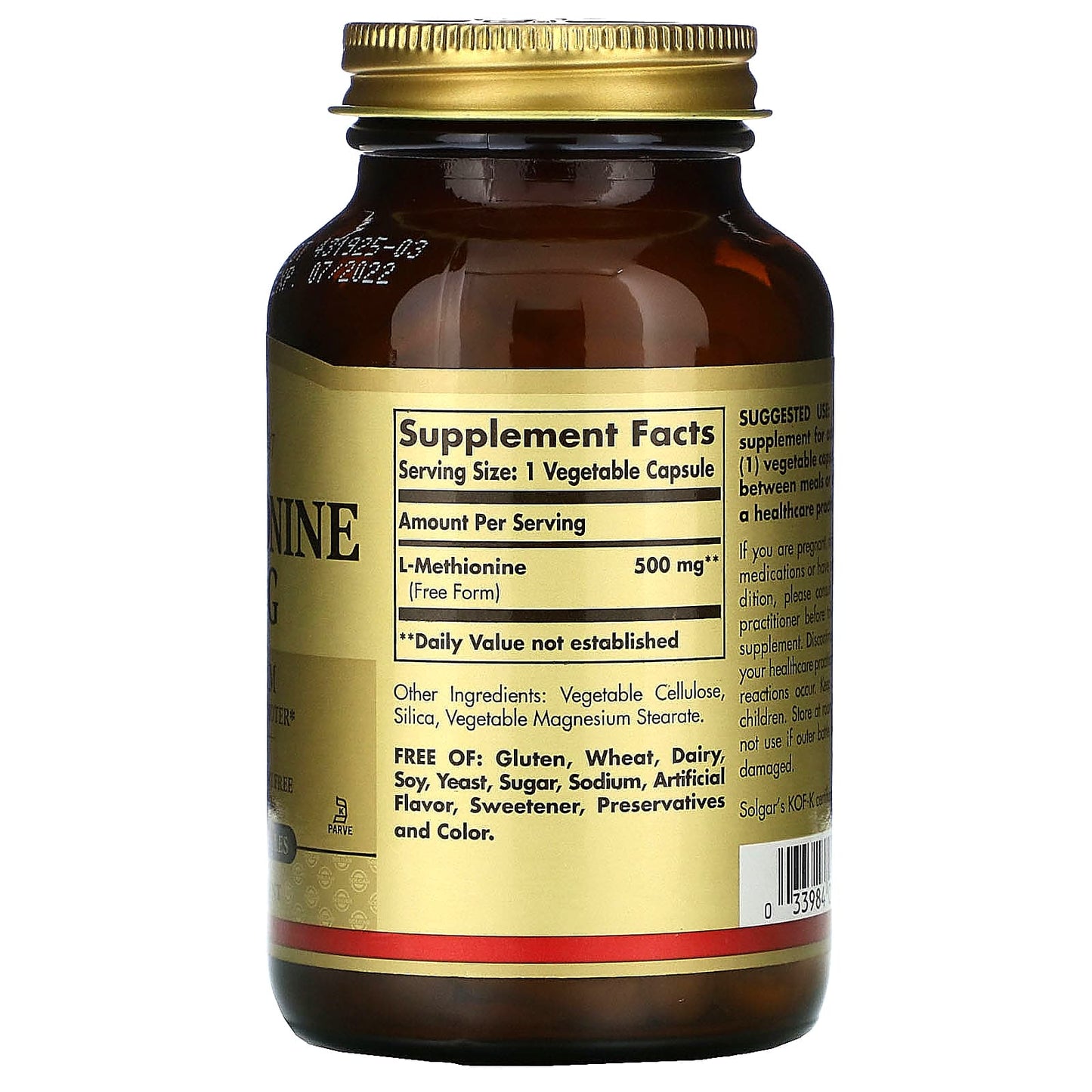 Solgar, L-Methionine 500 mg, 90 Vegetable Capsules UPC 033984017542 | HiLife Vitamins