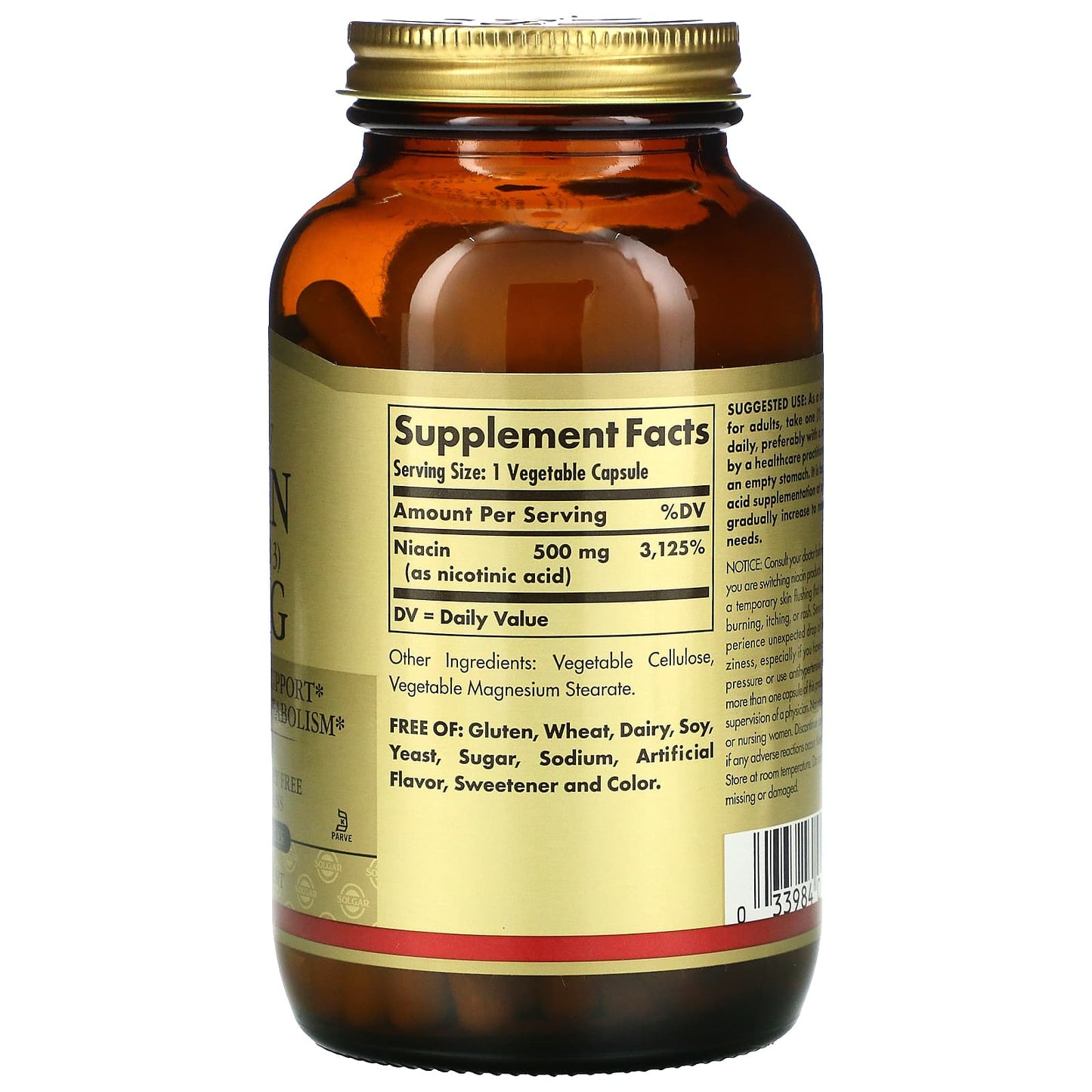 Solgar, Niacin 500 mg, 250 Vegetable Capsules UPC 033984018525 | HiLife Vitamins