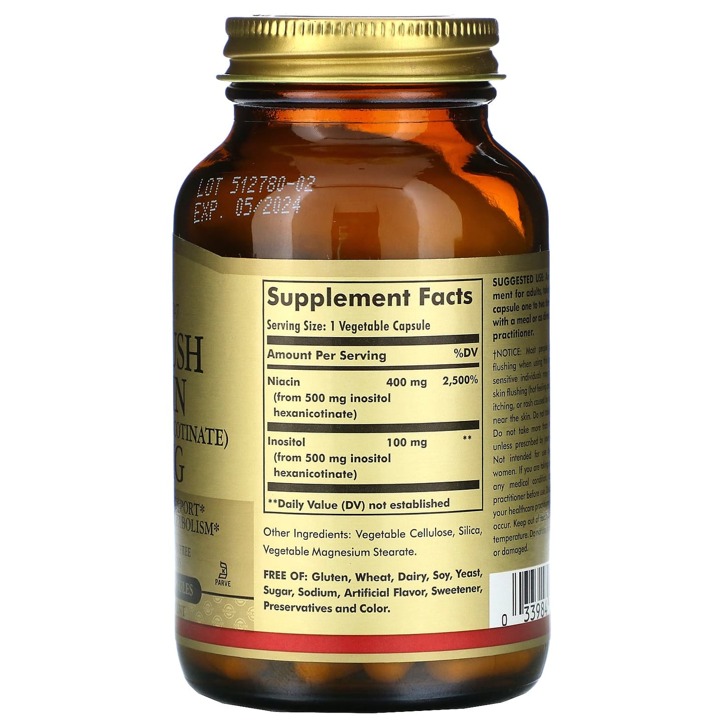 Solgar, No-Flush Niacin 500 mg, 100 Vegetable Capsules UPC 033984019119 | HiLife Vitamins