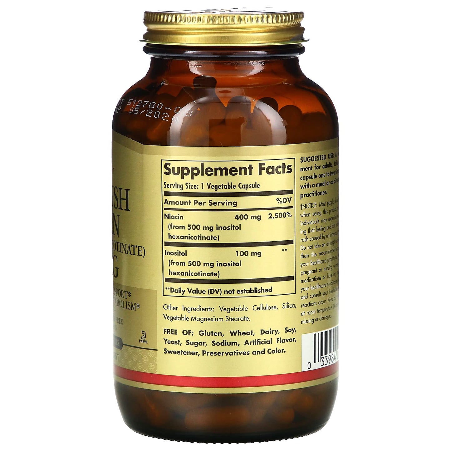 Solgar, No-Flush Niacin 500 mg, 250 Vegetable Capsules UPC 033984019126 | HiLife Vitamins