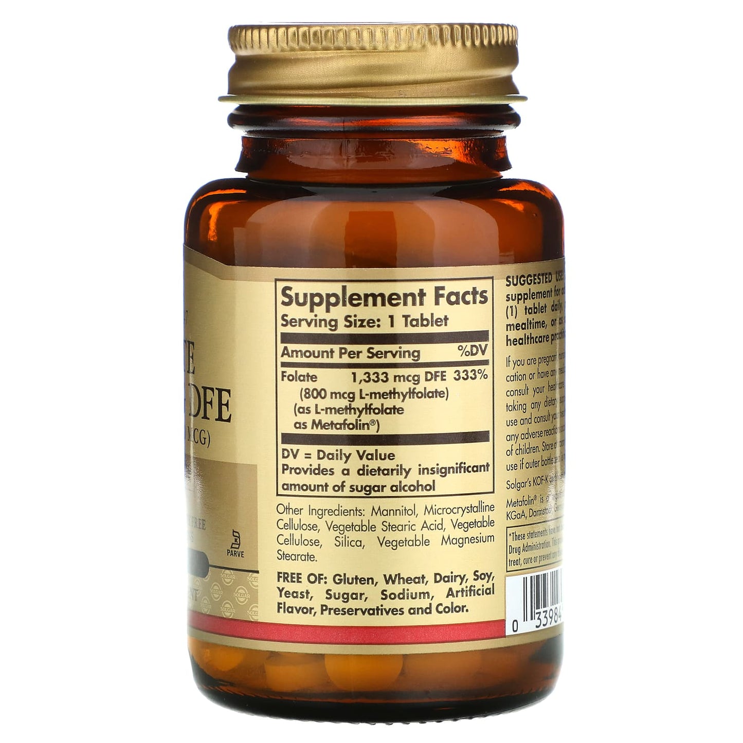Solgar, Folate 800mcg As Metafolin, 100 Tablets UPC 033984019454 | HiLife Vitamins