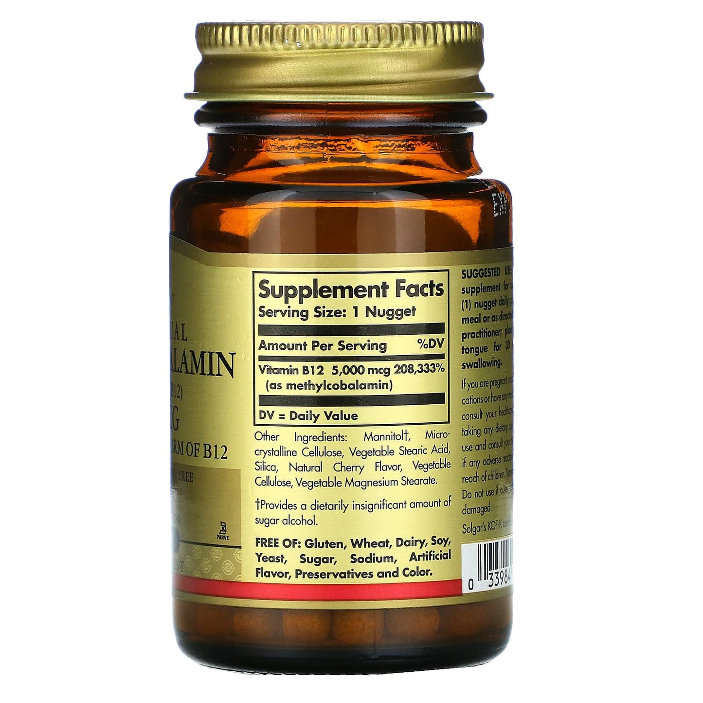 Solgar, Sublingual Methylcobalamin (Vitamin B12), 5,000 mcg, 30 Nuggets UPC 033984019584 | HiLife Vitamins