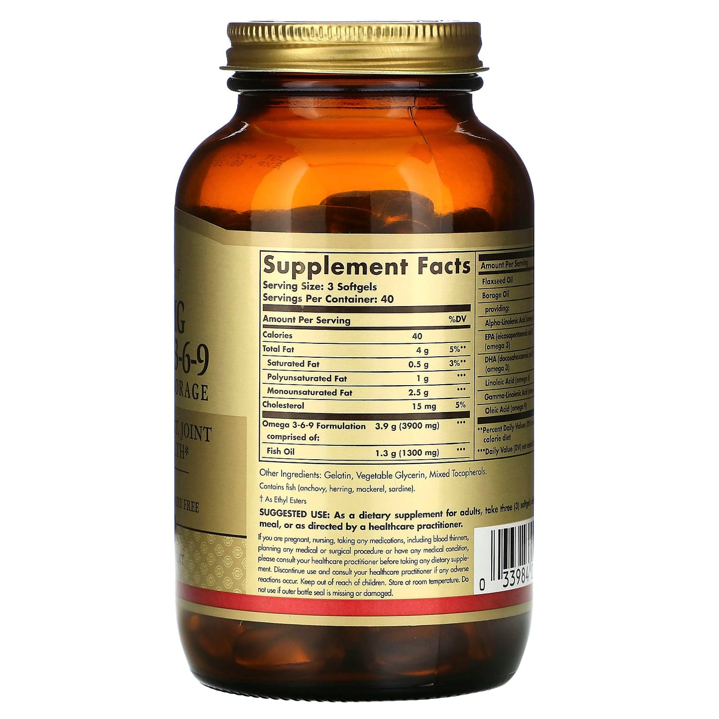 Solgar, Omega 3-6-9 Fish, Flax, Borage, 120 Softgels UPC 033984020283 | HiLife Vitamins