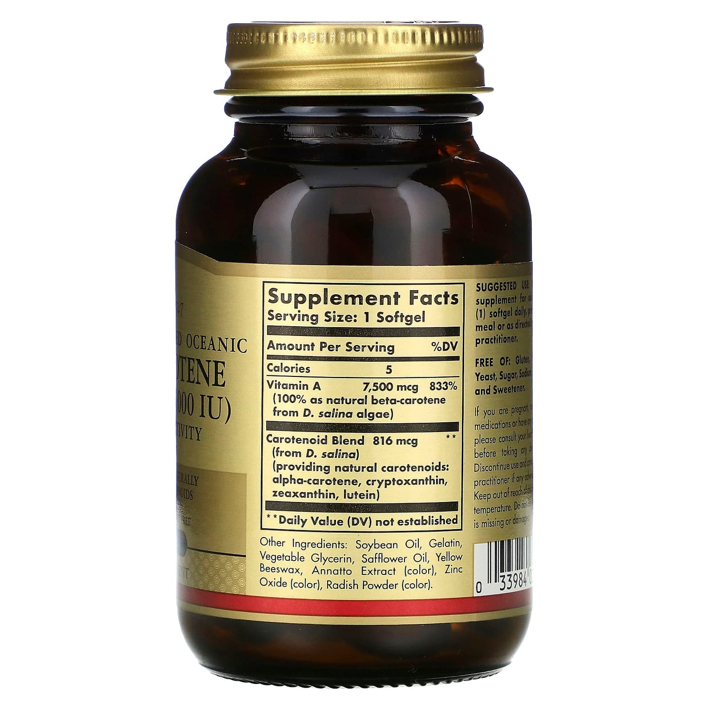 Solgar, Naturally Sourced Oceanic Beta-Carotene, 7,500 mcg (25,000 IU), 90 Softgels UPC 033984020313 | HiLife Vitamins