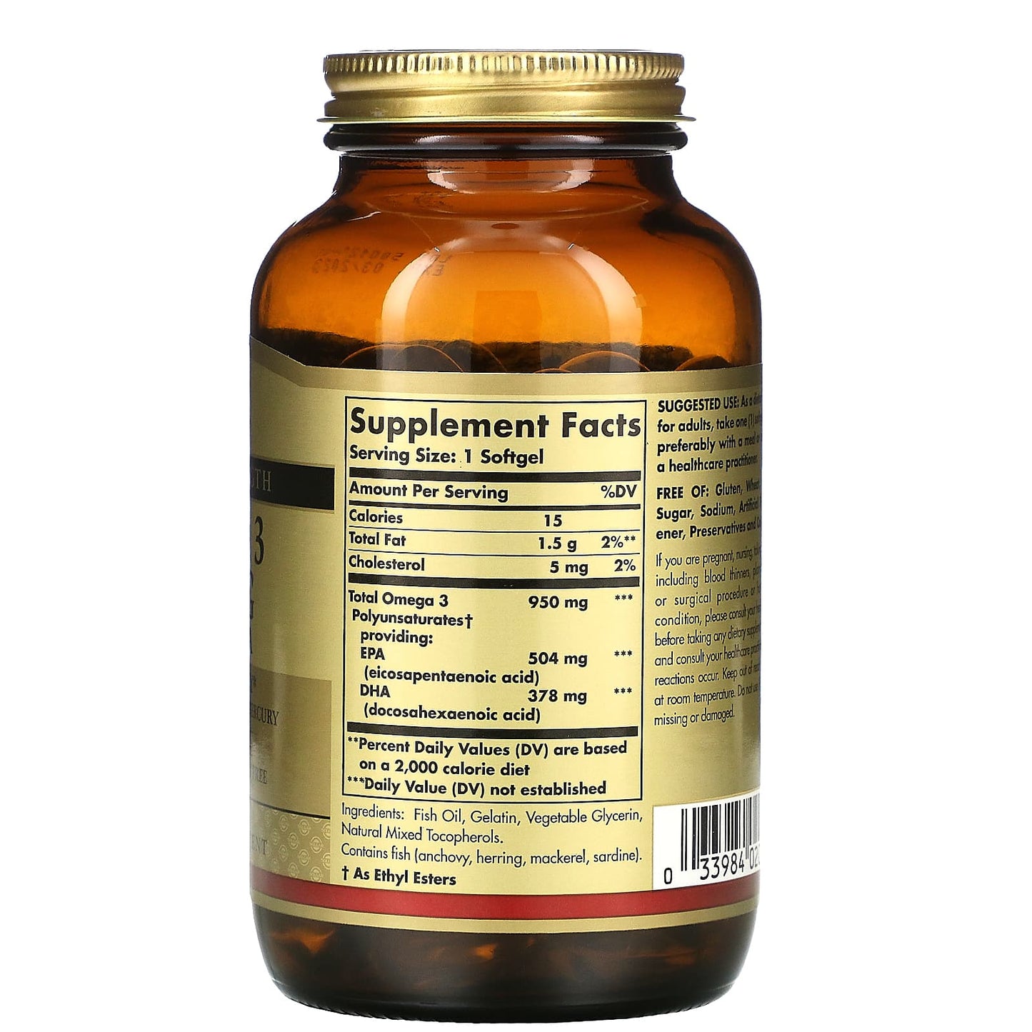 Solgar, Omega-3, EPA & DHA, Triple Strength, 950 mg, 100 Softgels UPC 033984020580 | HiLife Vitamins