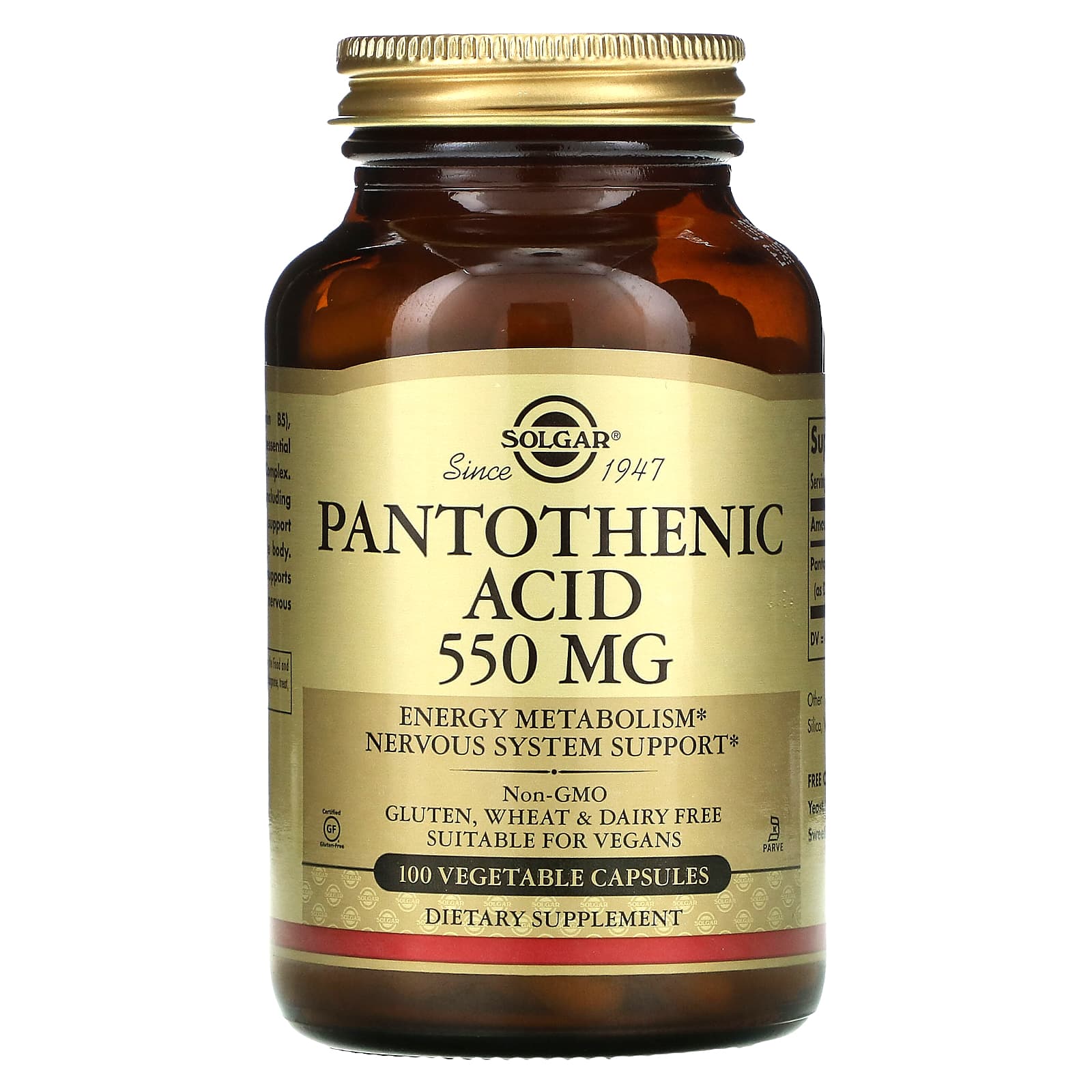 Solgar, Pantothenic Acid 550 mg, 100 Vegetable Capsules UPC 033984021716 | HiLife Vitamins