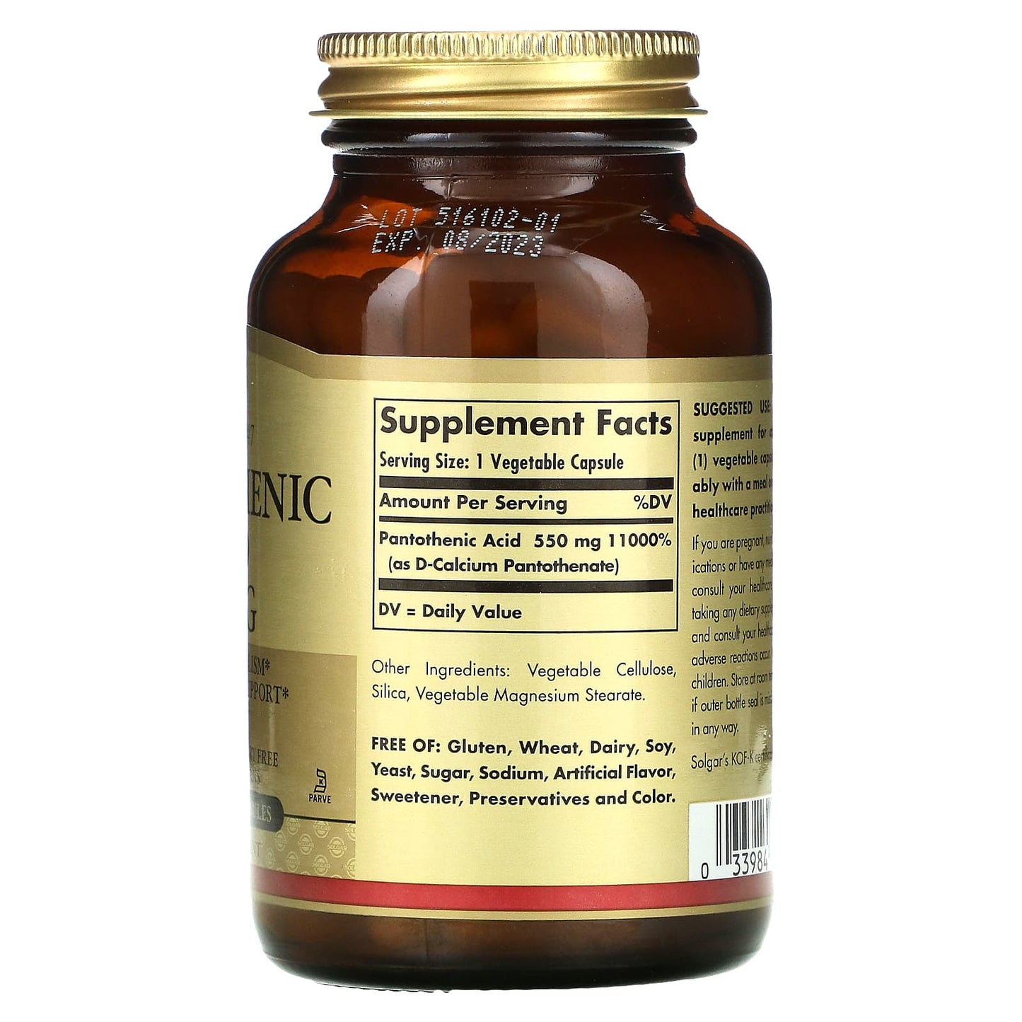 Solgar, Pantothenic Acid 550 mg, 100 Vegetable Capsules UPC 033984021716 | HiLife Vitamins