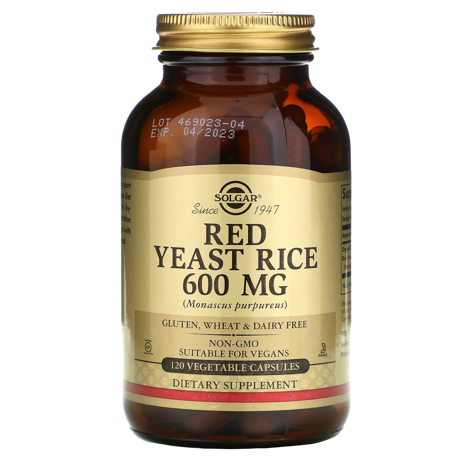 Solgar, Red Yeast Rice Veg 600 mg, 120 Vegetable Capsules UPC 033984023253 | HiLife Vitamins