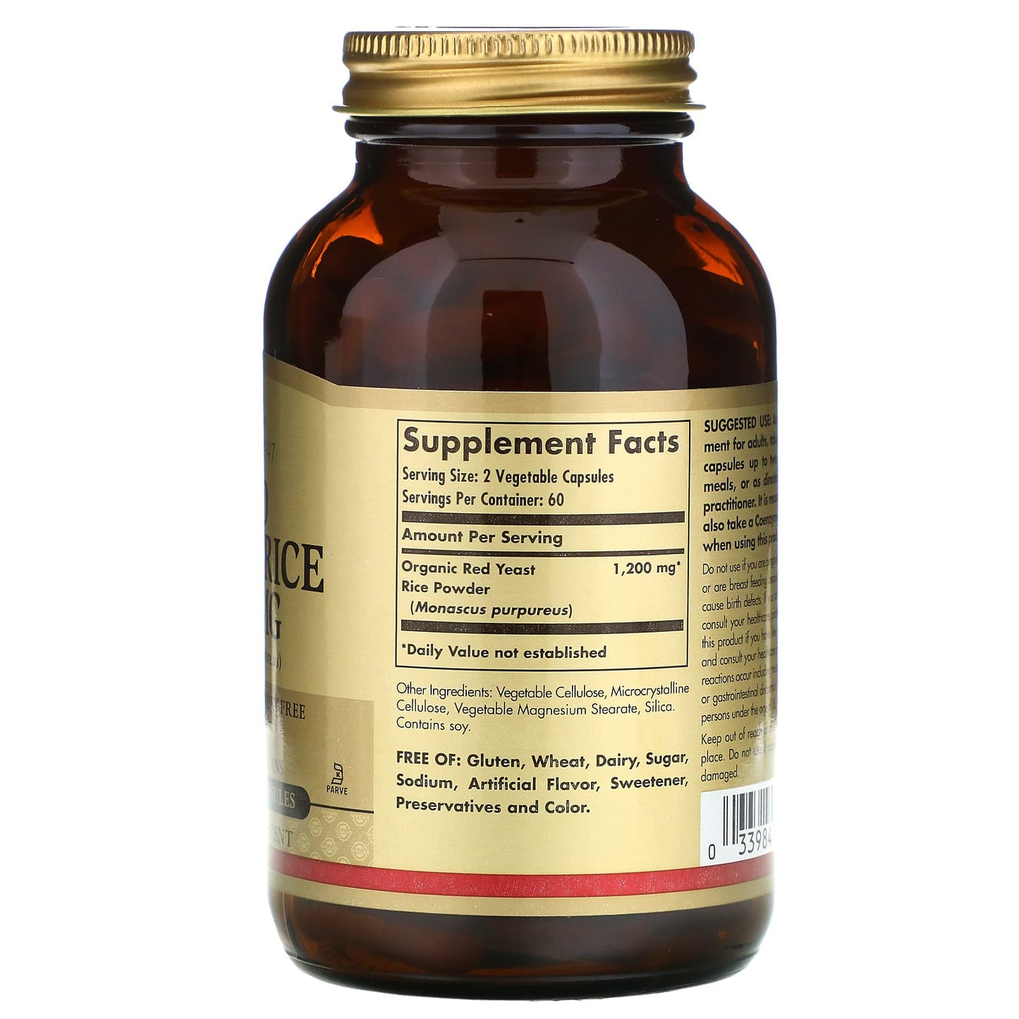 Solgar, Red Yeast Rice Veg 600 mg, 120 Vegetable Capsules UPC 033984023253 | HiLife Vitamins