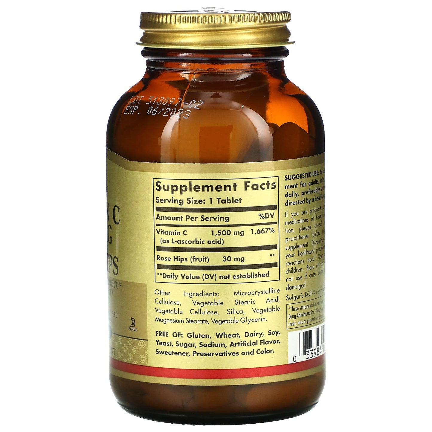 Solgar, Vitamin C with Rose Hips, 1,500 mg, 90 Tablets UPC 033984024205 | HiLife Vitamins