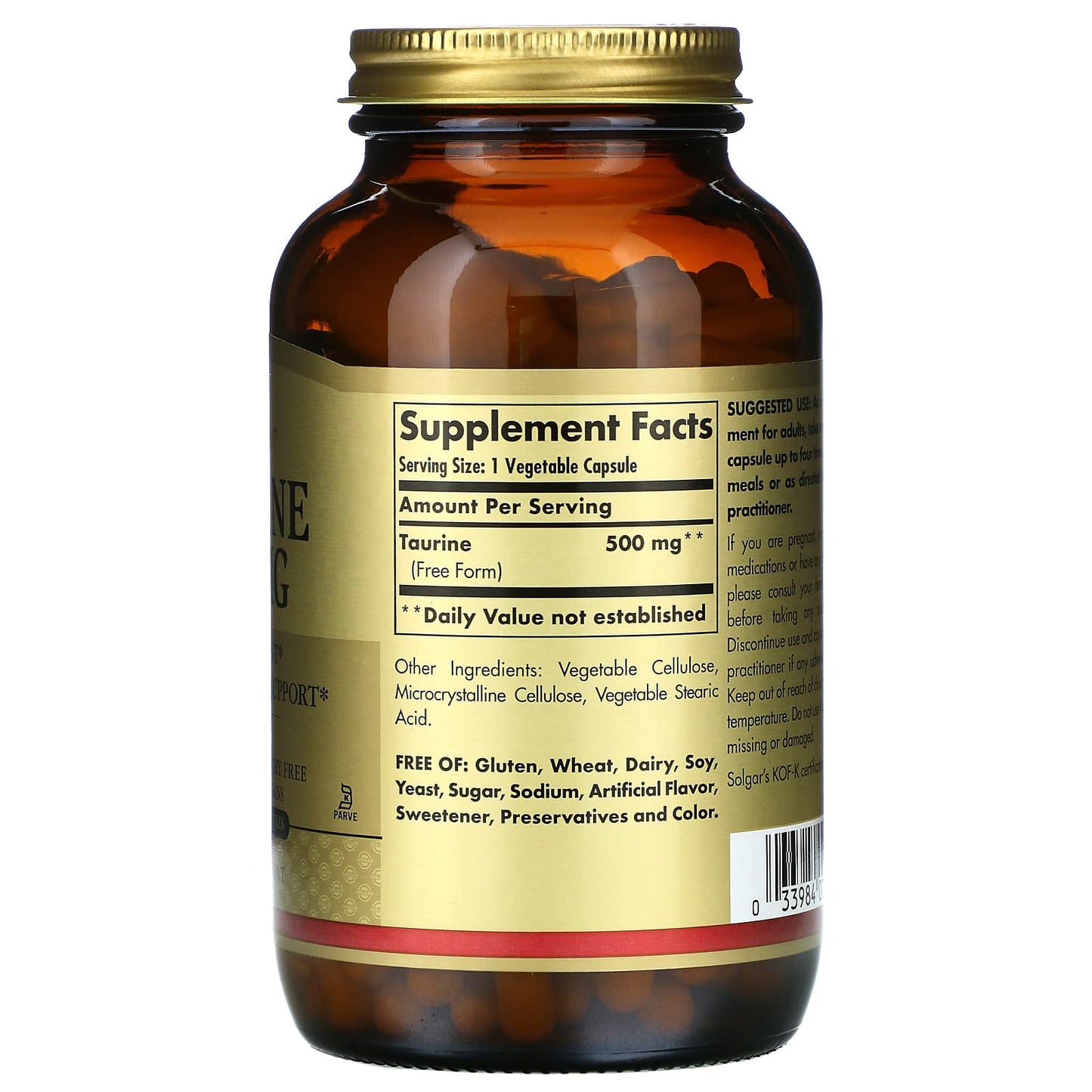 Solgar, Taurine 500 mg, 250 Vegetable Capsules UPC 033984027022 | HiLife Vitamins