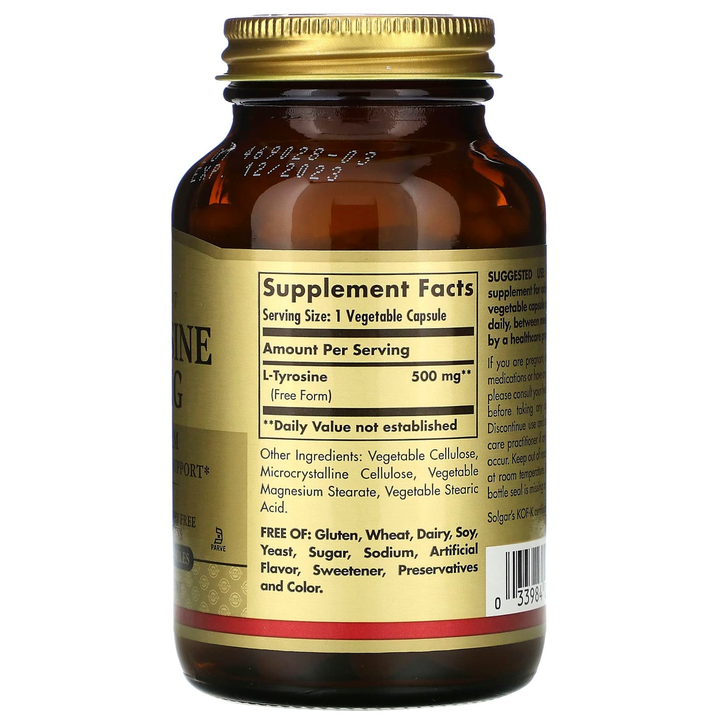 Solgar, L-Tyrosine, 500 mg, 100 Vegetable Capsules UPC 033984027619 | HiLife Vitamins