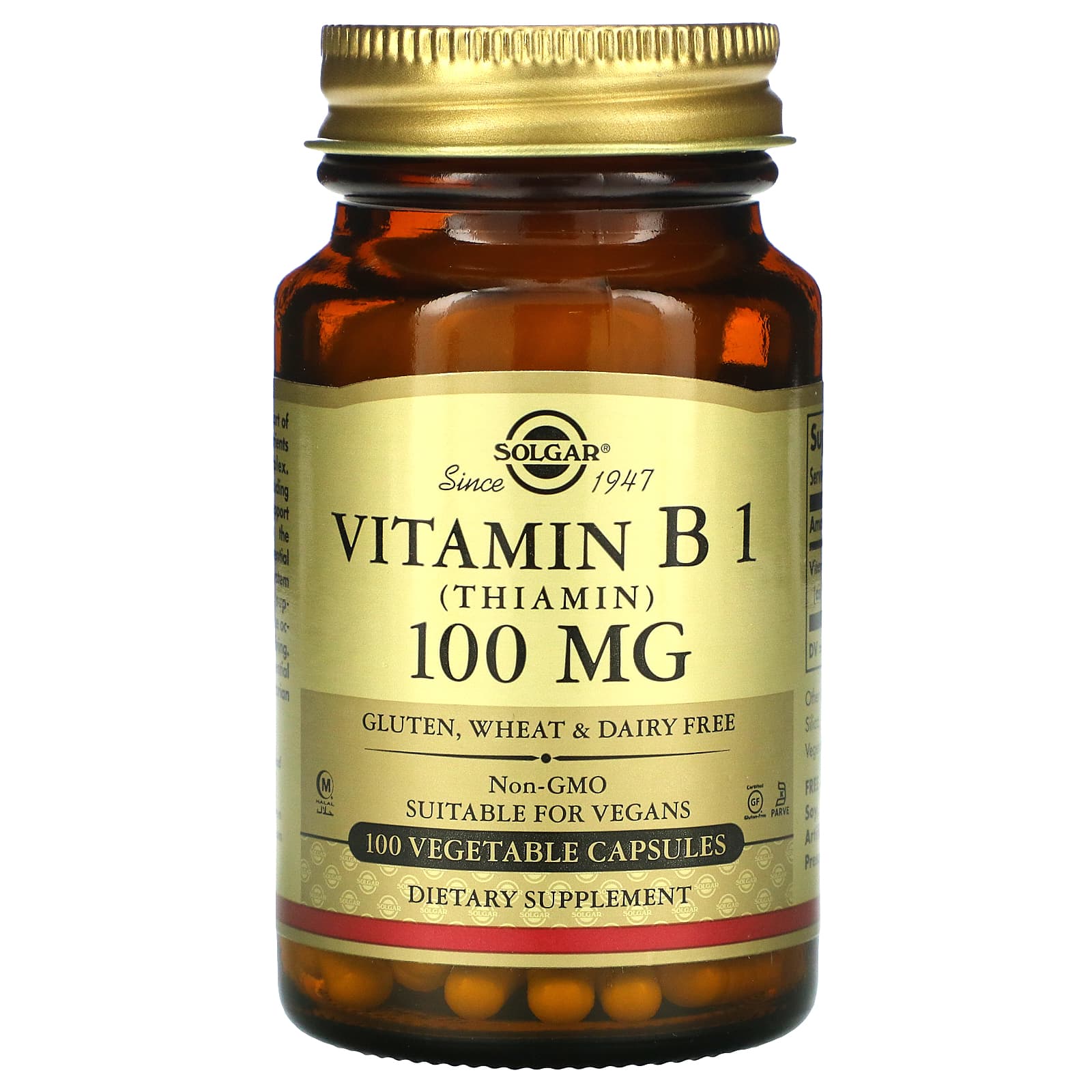 Solgar, Vitamin B-1 100 mg, 100 Vegetable Capsules UPC 033984029507 | HiLife Vitamins