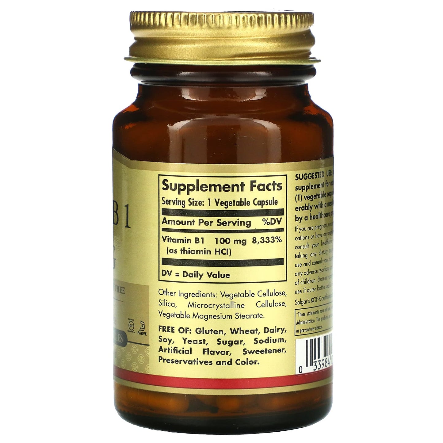 Solgar, Vitamin B-1 100 mg, 100 Vegetable Capsules UPC 033984029507 | HiLife Vitamins