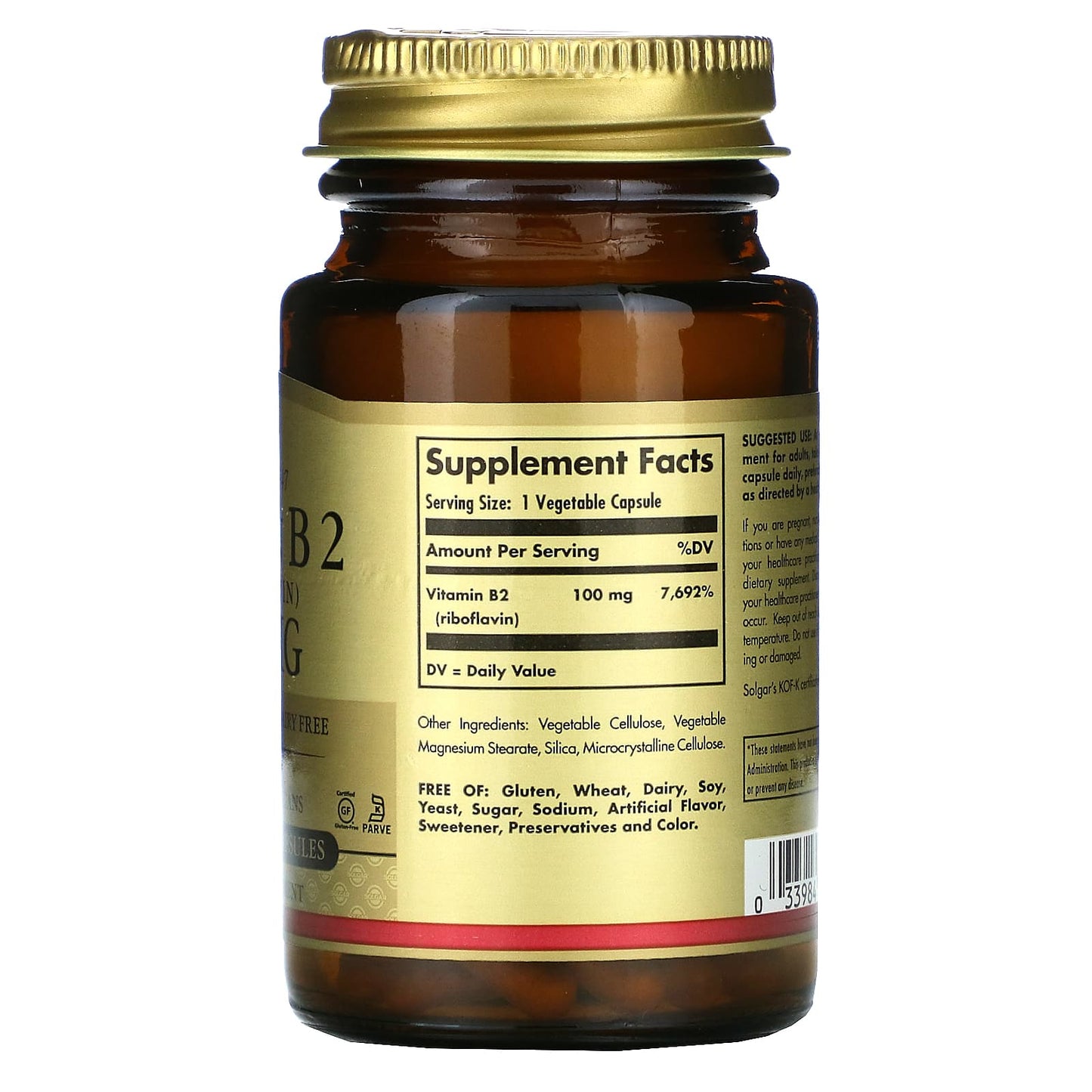 Solgar, Vitamin B-2 100 mg, 100 Vegetable Capsules UPC 033984030503 | HiLife Vitamins