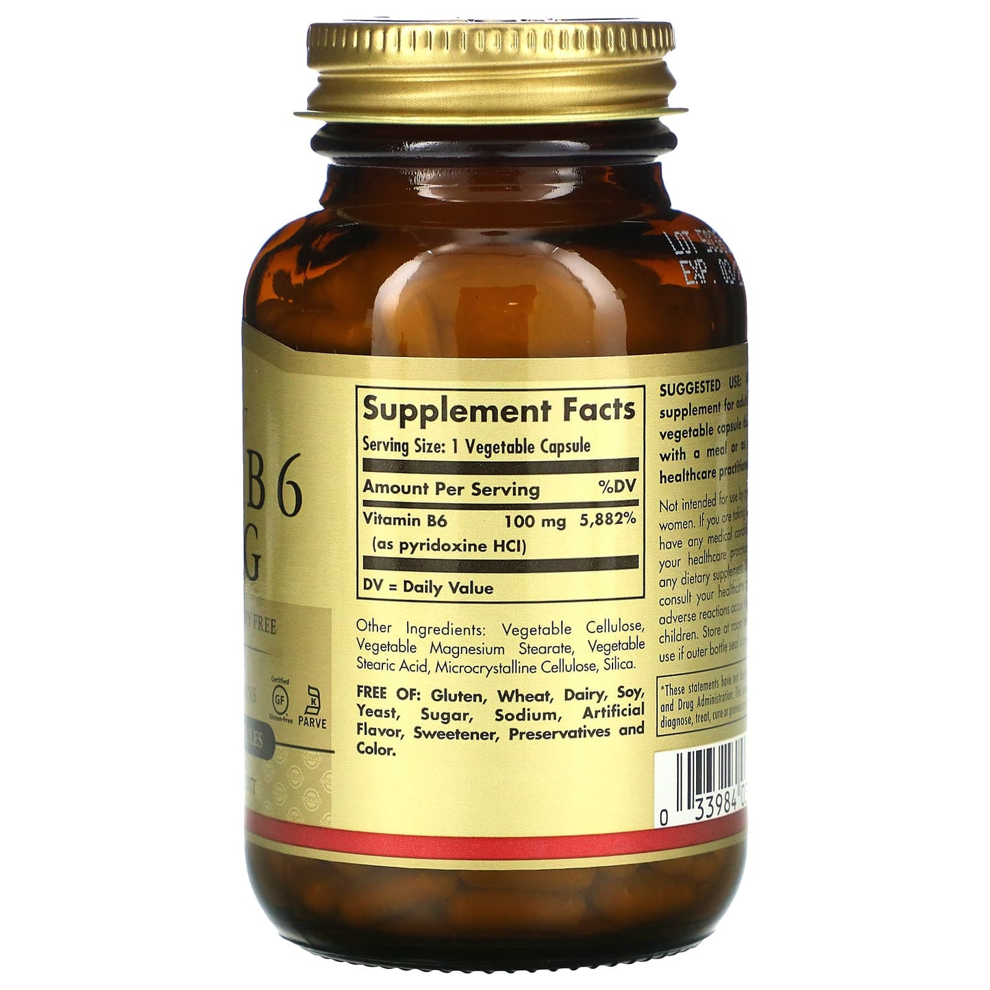 Solgar, B-6 100 mg, 250 Vegetable Capsules UPC 033984031111 | HiLife Vitamins