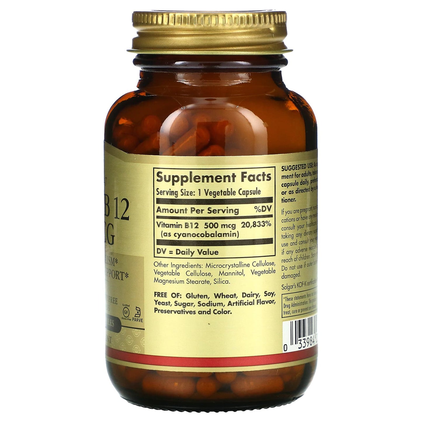 Solgar, Vitamin B-12 500 Mcg, 250 Vegetable Capsules UPC 033984032118 | HiLife Vitamins