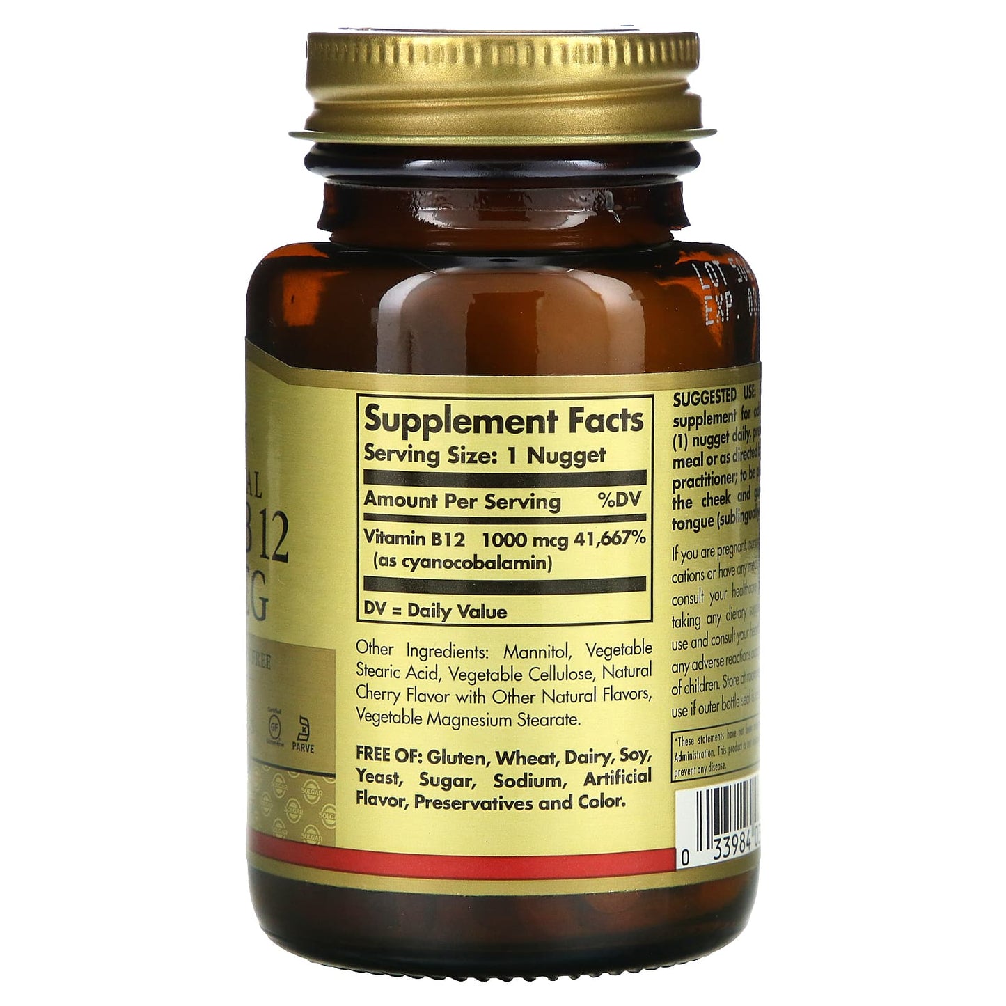 Solgar, Sublingual Vitamin B12, 1,000 mcg, 250 Nuggets UPC 033984032309 | HiLife Vitamins