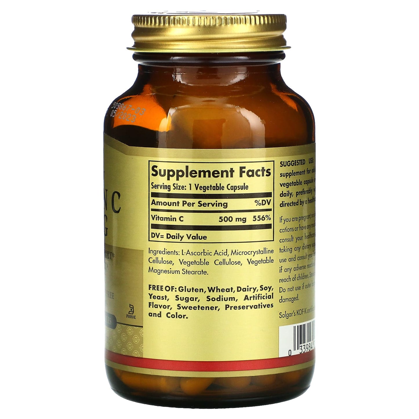 Solgar, Vitamin C 500 mg, 100 Vegetable Capsules UPC 033984032606 | HiLife Vitamins