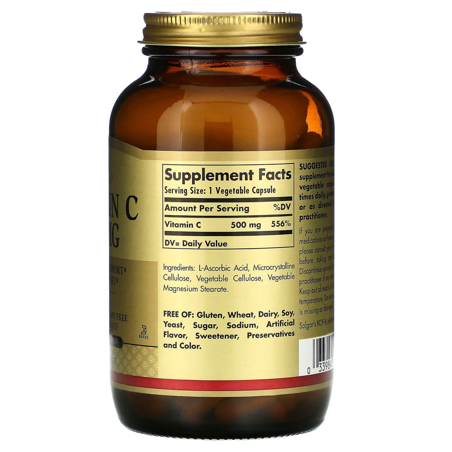 Solgar, Vitamin C 500 mg, 250 Vegetable Capsules UPC 033984032613 | HiLife Vitamins