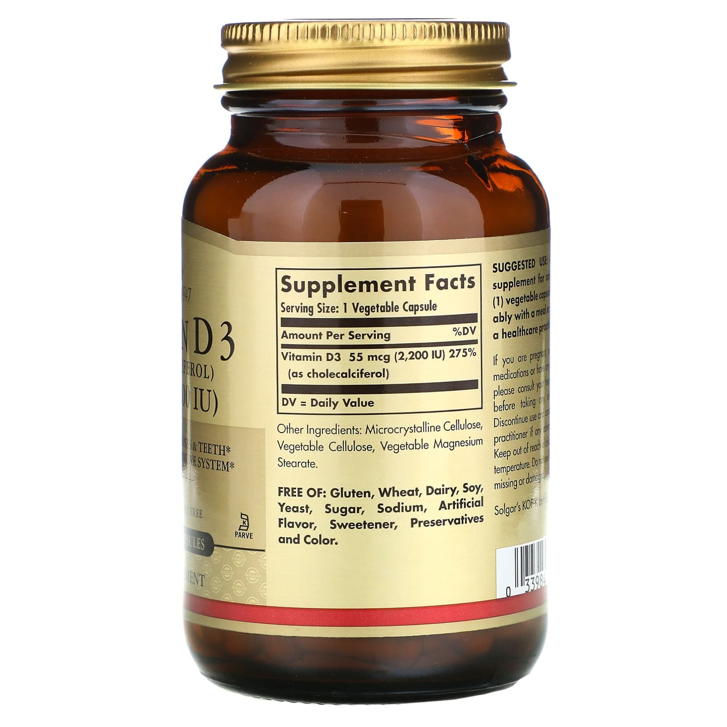Solgar, Vitamin D3 (Cholecalciferol), 55 mcg (2,200 IU), 100 Vegetable Capsules UPC 033984033177 | HiLife Vitamins