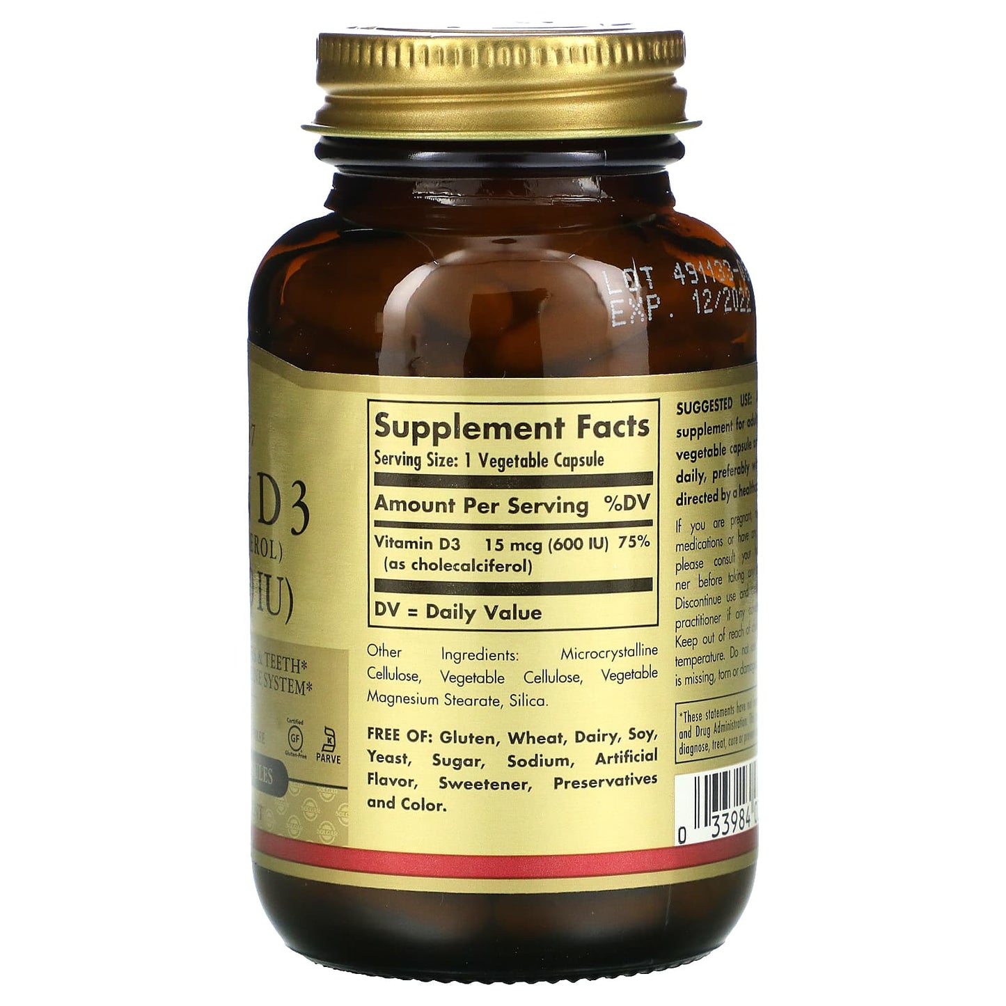 Solgar, Vitamin D 3 600 IU Veg, 120 Vegetable Capsules UPC 033984033191 | HiLife Vitamins
